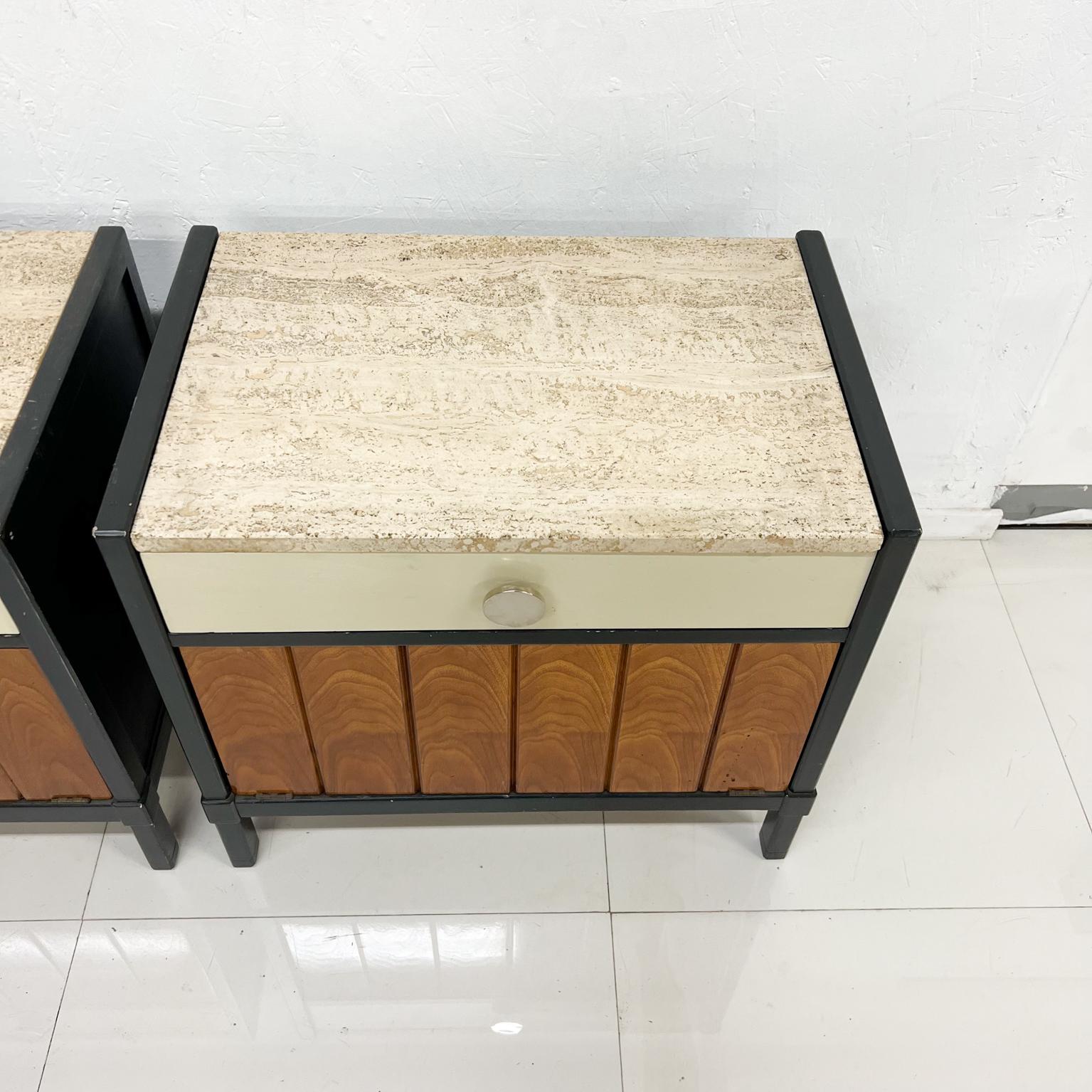 American 1960s Stylish Drexel Nightstands Two-Tone Travertine Wood Cabinet End Tables