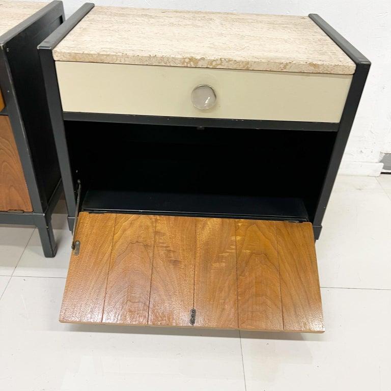 American 1960s Stylish Drexel Nightstands Two-Tone Travertine & Wood Cabinet End Tables