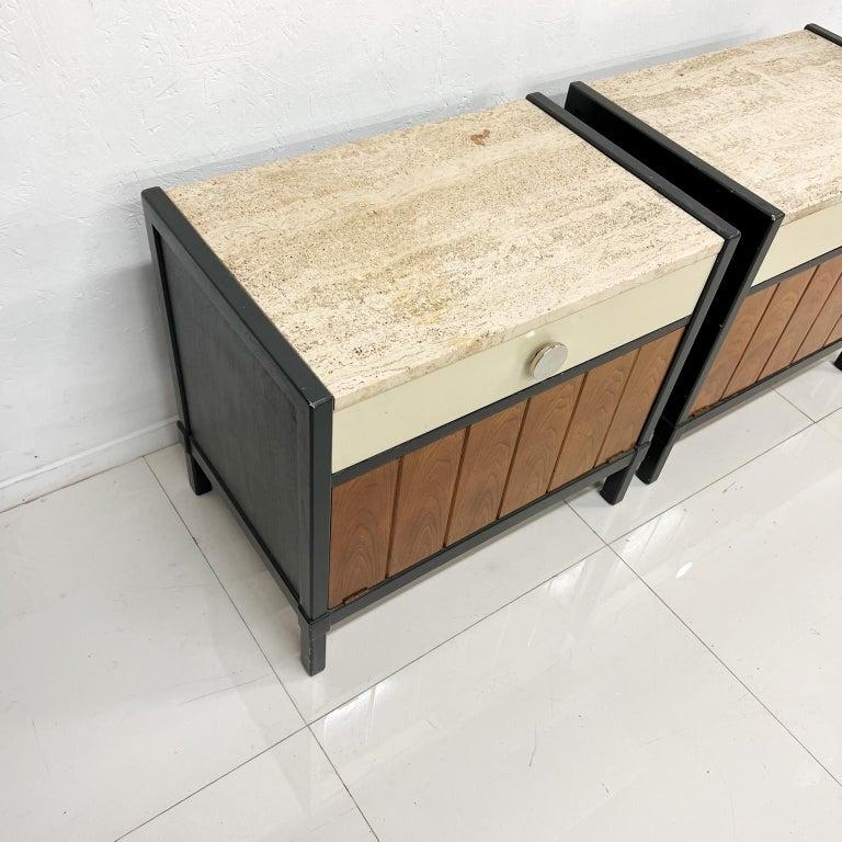 1960s Stylish Drexel Nightstands Two-Tone Travertine & Wood Cabinet End Tables 2