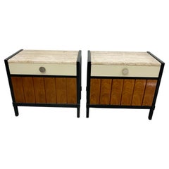 1960s Stylish Drexel Nightstands Two-Tone Travertine Wood Cabinet End Tables