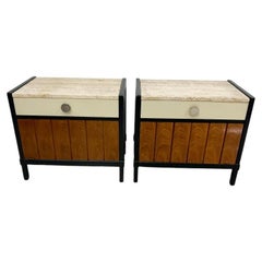 1960s Stylish Drexel Nightstands Two-Tone Travertine & Wood Cabinet End Tables