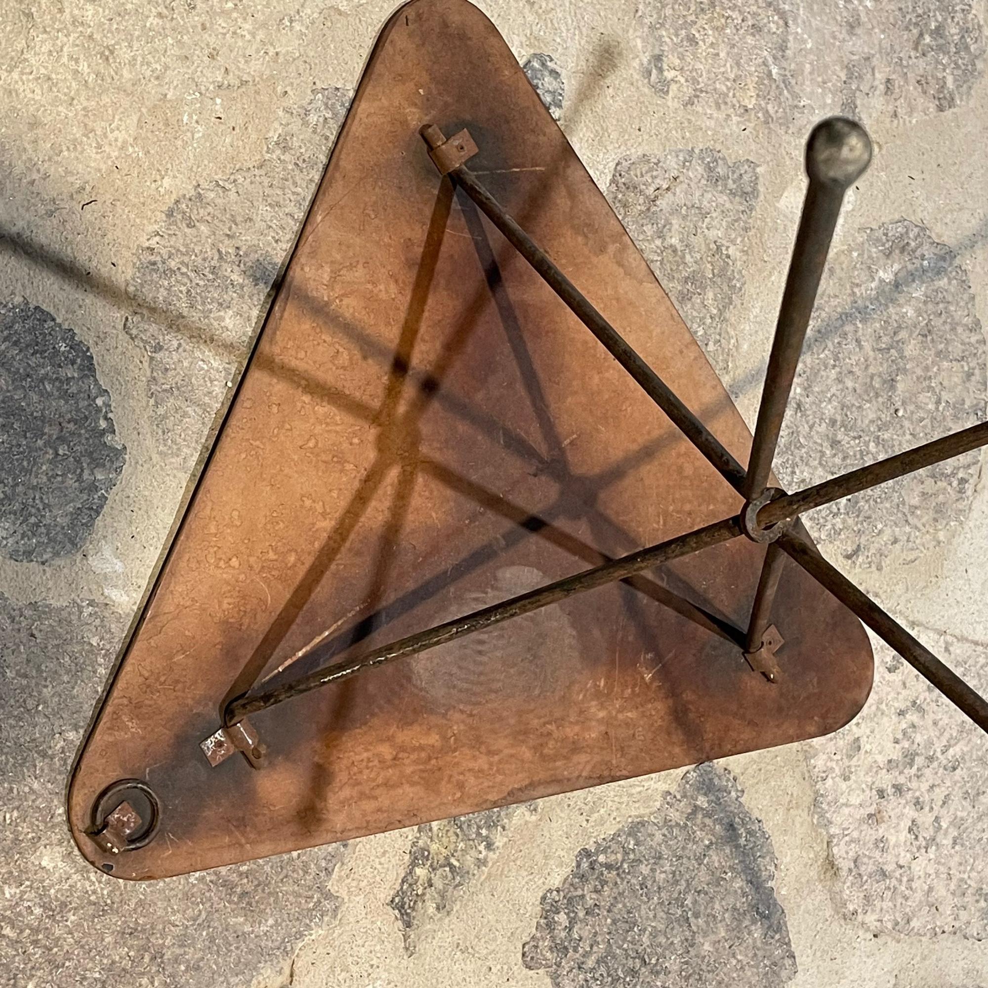 1960s Stylish Folding Tripod Side Table Twisted Iron & Faux Leather Triangle Top 2