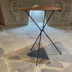 1960s Stylish Folding Tripod Side Table Twisted Iron & Faux Leather Triangle Top