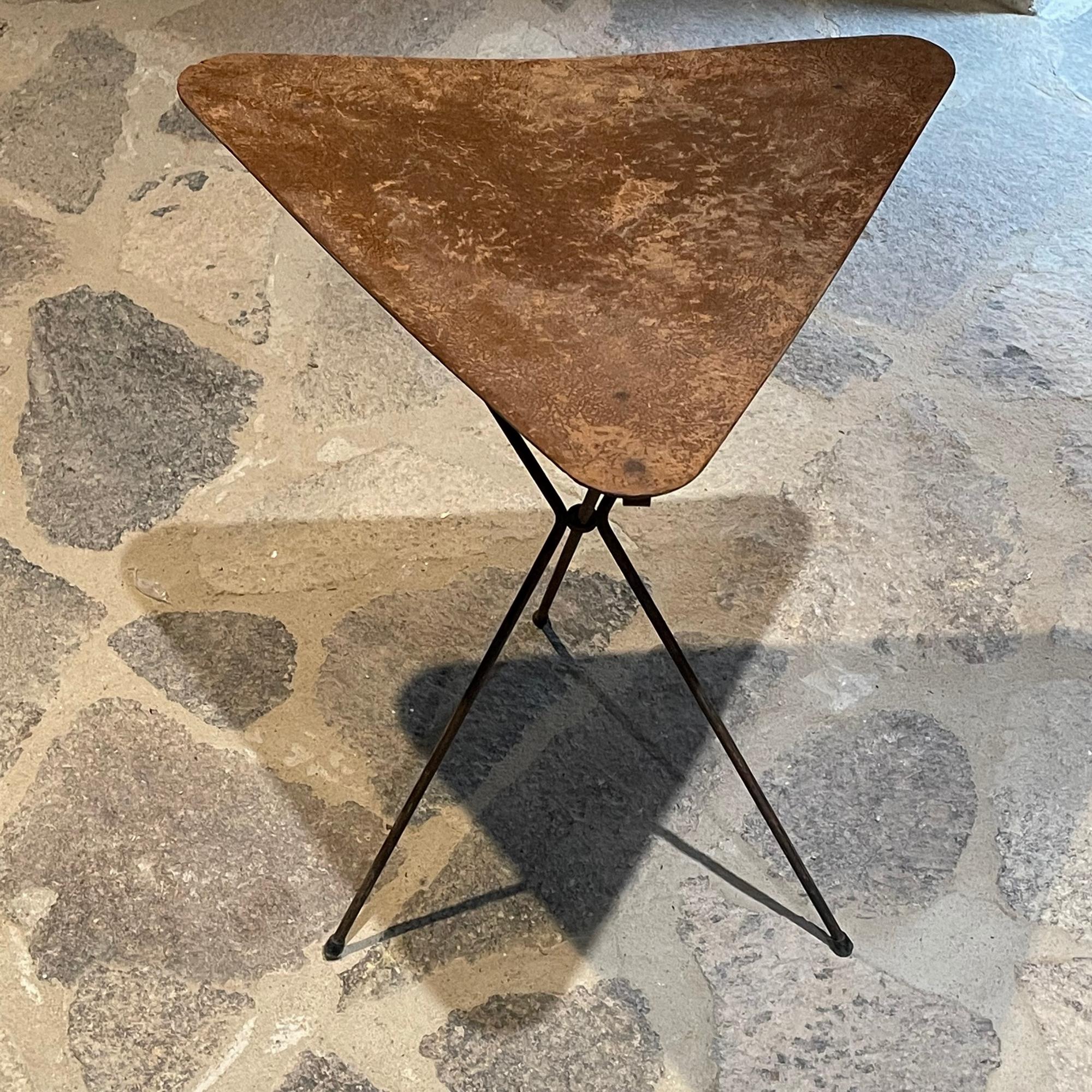 Mid-Century Modern 1960s Stylish Folding Tripod Side Table Twisted Iron & Faux Leather Triangle Top
