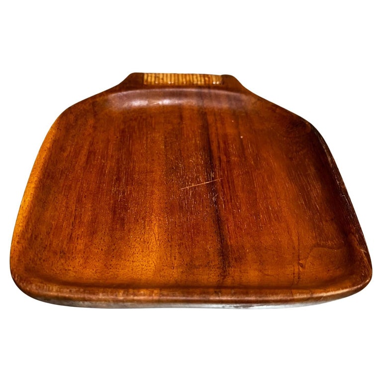 1960s Stylish Modern Teakwood Serving Tray with Cane Wrapped Handle For