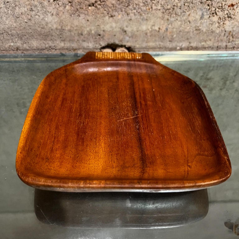 1960s Stylish Modern Teakwood Serving Tray with Cane Wrapped Handle For