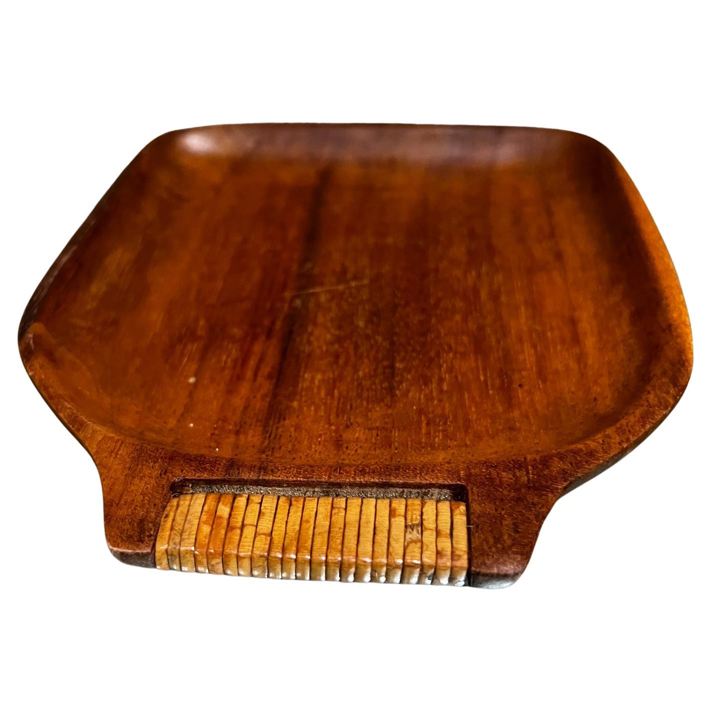 1960s Stylish Modern Teakwood Serving Tray with Cane Wrapped Handle For Sale