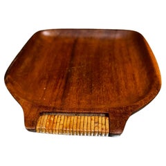 Vintage 1960s Stylish Modern Teakwood Serving Tray with Cane Wrapped Handle