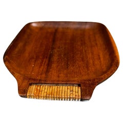 1960s Stylish Modern Teakwood Serving Tray with Cane Wrapped Handle