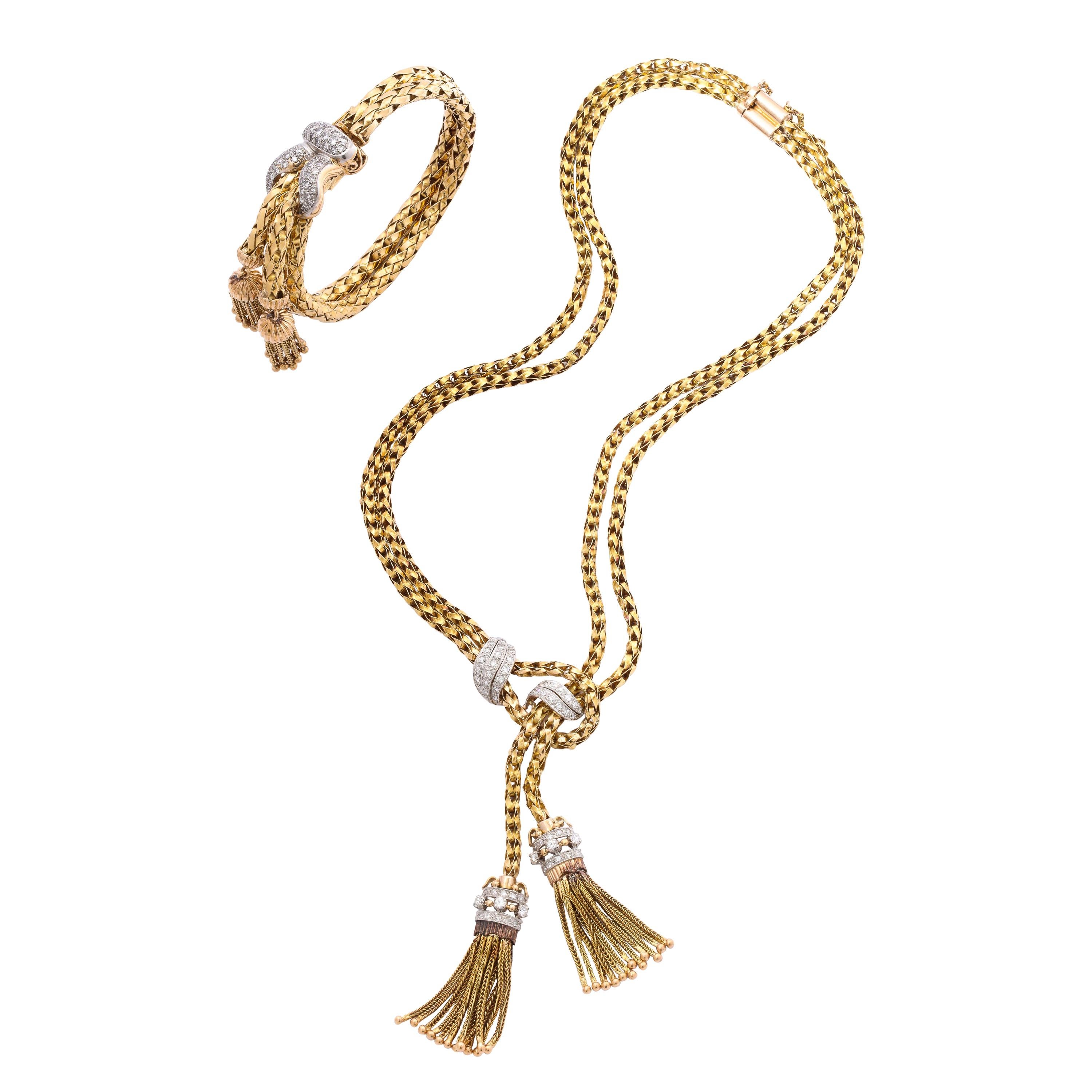 1960s Stylish Tassel Bracelet Braided Gold With Diamonds