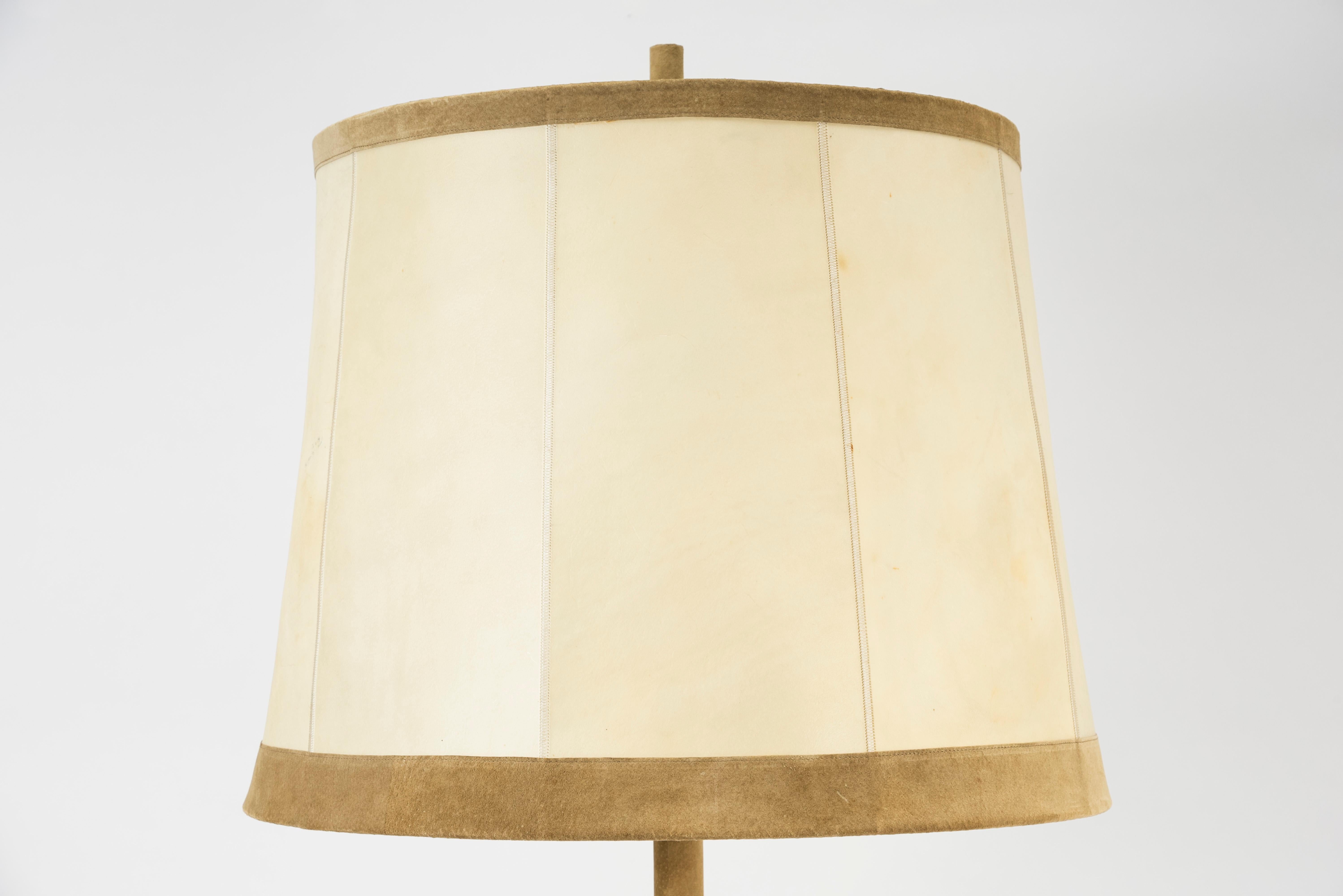 Floor lamp covered with suede and parchment shade
circa 1960
Dimensions given without shade
Shade diameter 56 cm, high 45 cm.