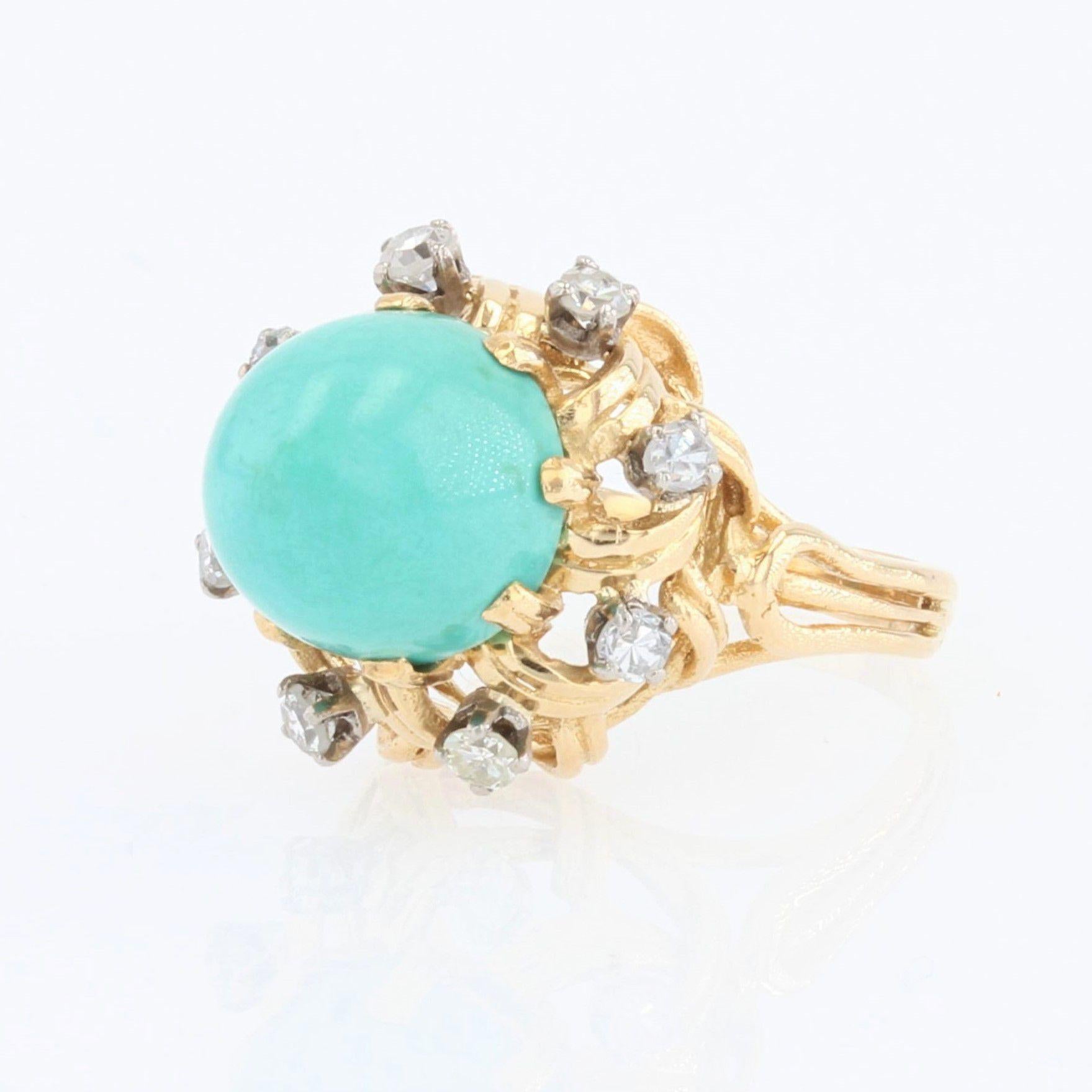 1960s Sugarloaf Turquoise Diamonds 18 Karat Yellow Gold Ring For Sale 7