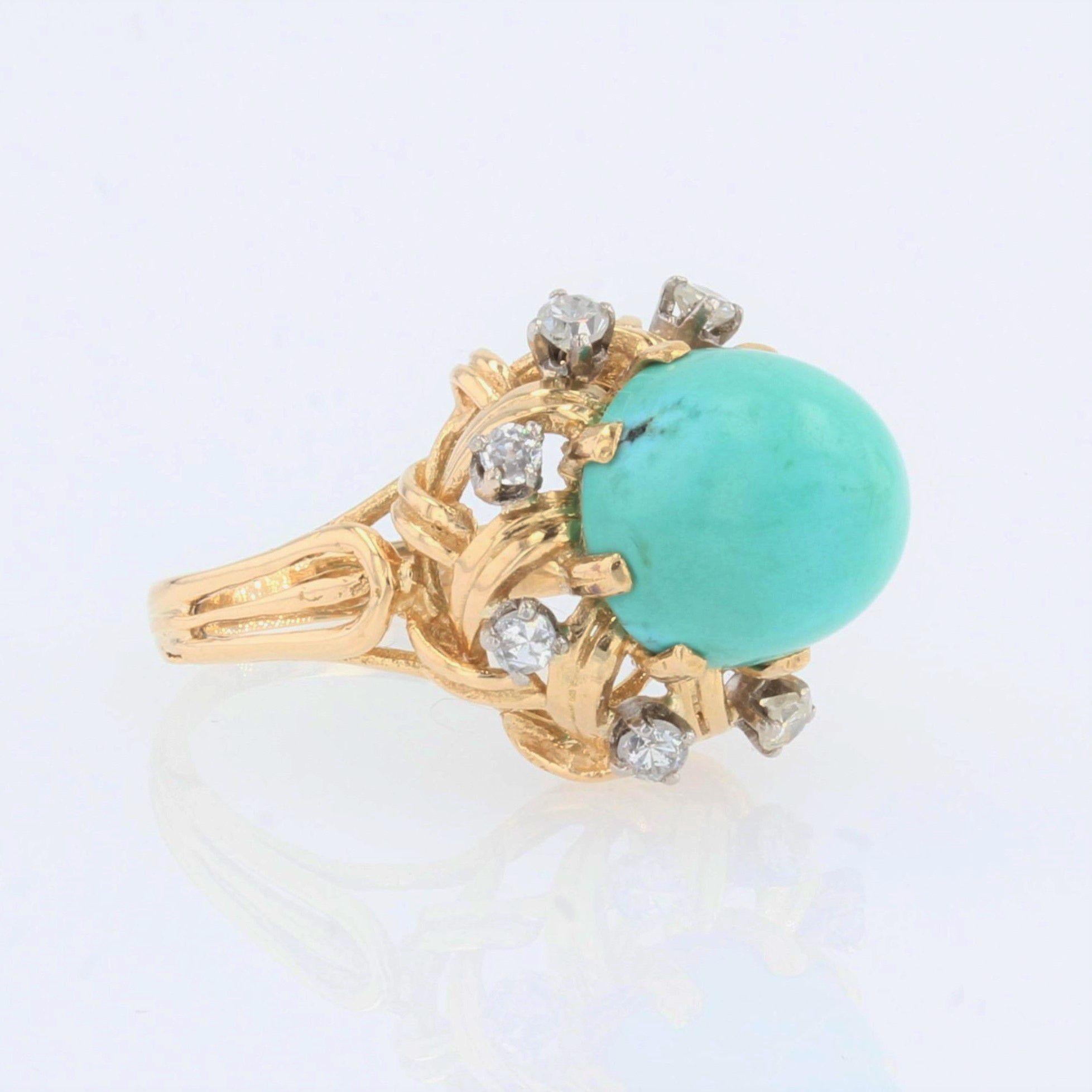 1960s Sugarloaf Turquoise Diamonds 18 Karat Yellow Gold Ring For Sale 9