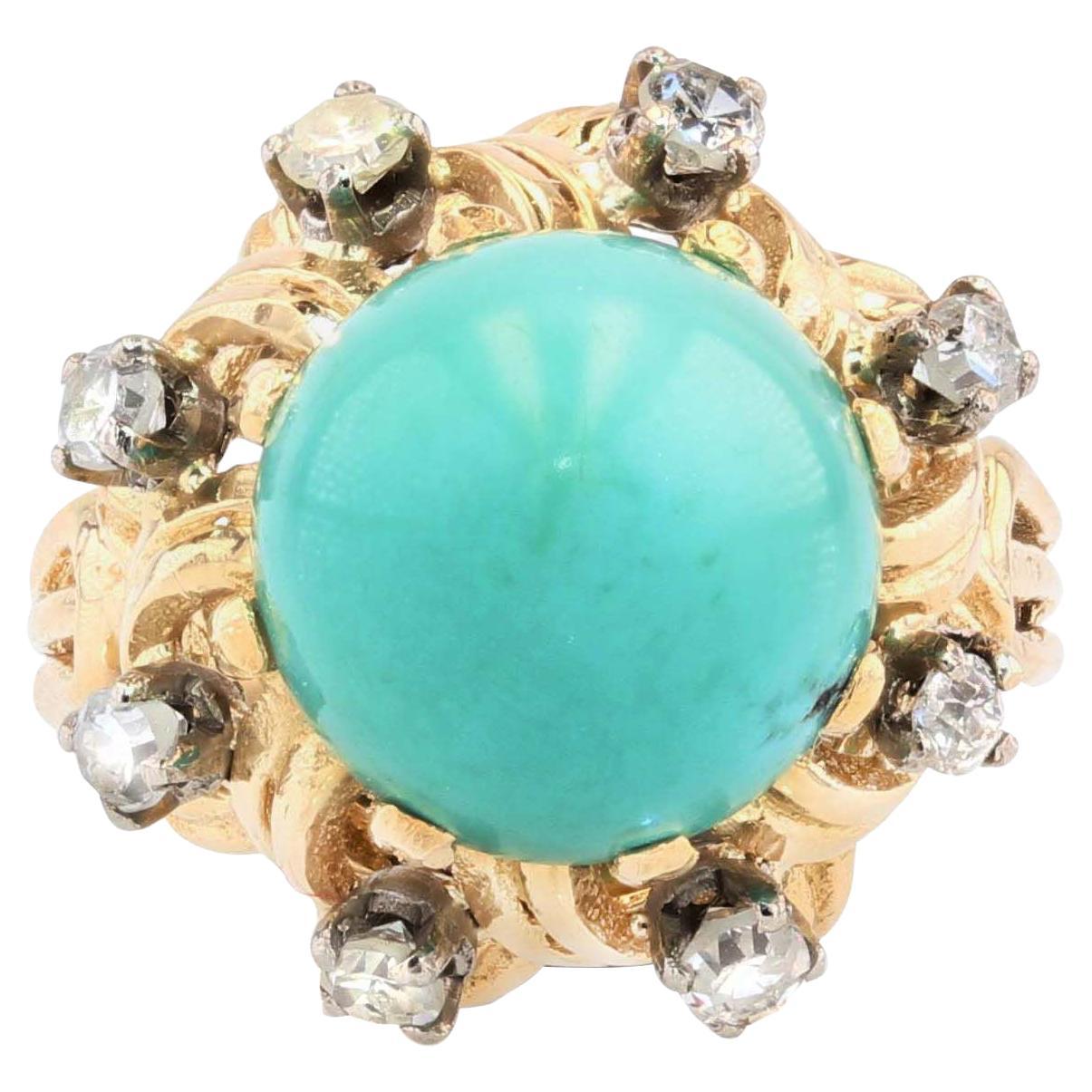 1960s Sugarloaf Turquoise Diamonds 18 Karat Yellow Gold Ring For Sale