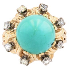 1960s Sugarloaf Turquoise Diamonds 18 Karat Yellow Gold Ring