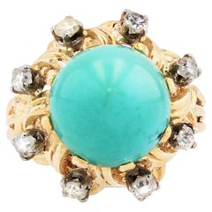 1960s Sugarloaf Turquoise Diamonds 18 Karat Yellow Gold Ring 1960s Sugarloaf Turquoise Diamonds 18 Karat Yellow Gold Ring