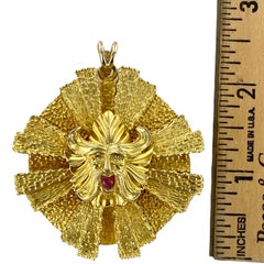 1960's Sunburst Viking Diamond Ruby 14 Karat Yellow Gold Vintage Pendant