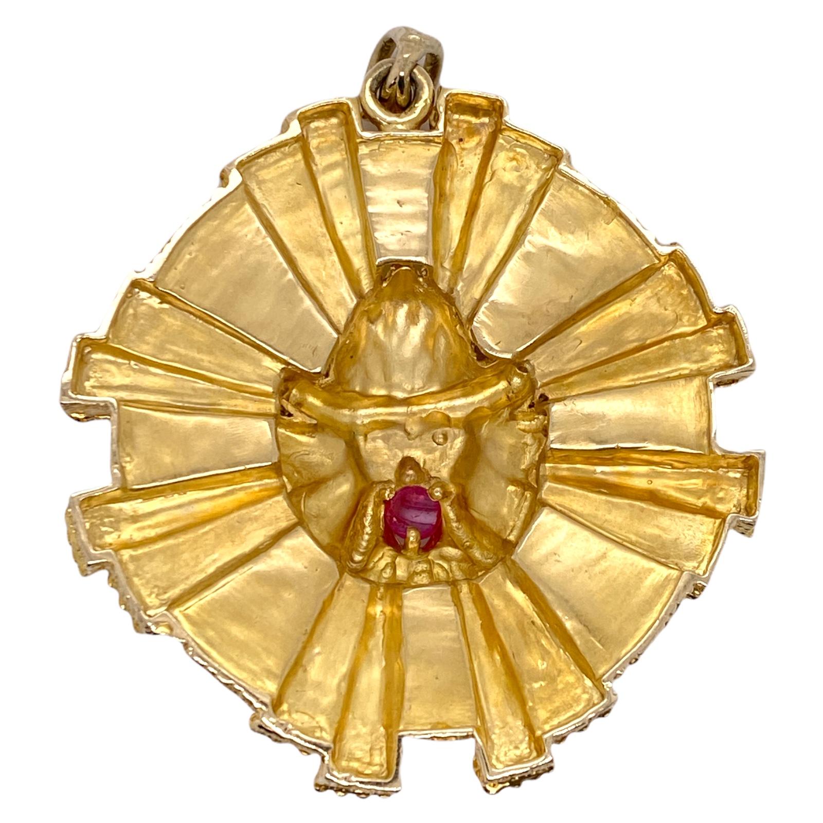 Single Cut 1960's Sunburst Viking Diamond Ruby 14 Karat Yellow Gold Vintage Pendant