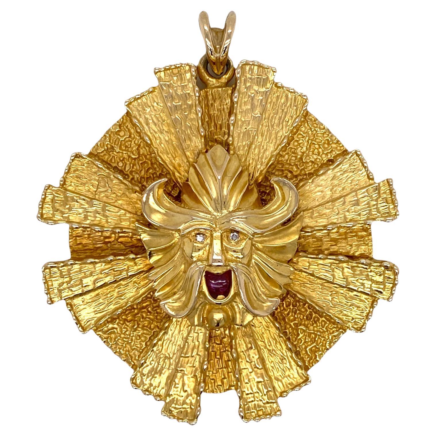 1960's Sunburst Viking Diamond Ruby 14 Karat Yellow Gold Vintage Pendant