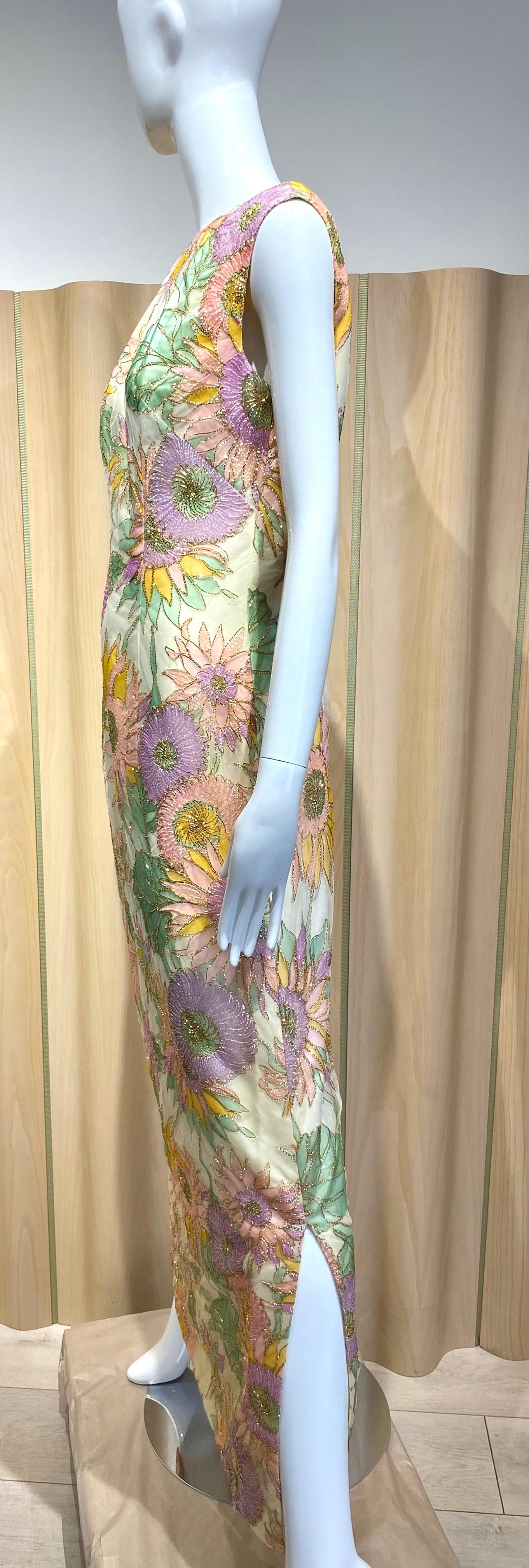 1960s Sunflowers Print Embroidered  Sleeveless Multi Color Dress In Good Condition For Sale In Beverly Hills, CA