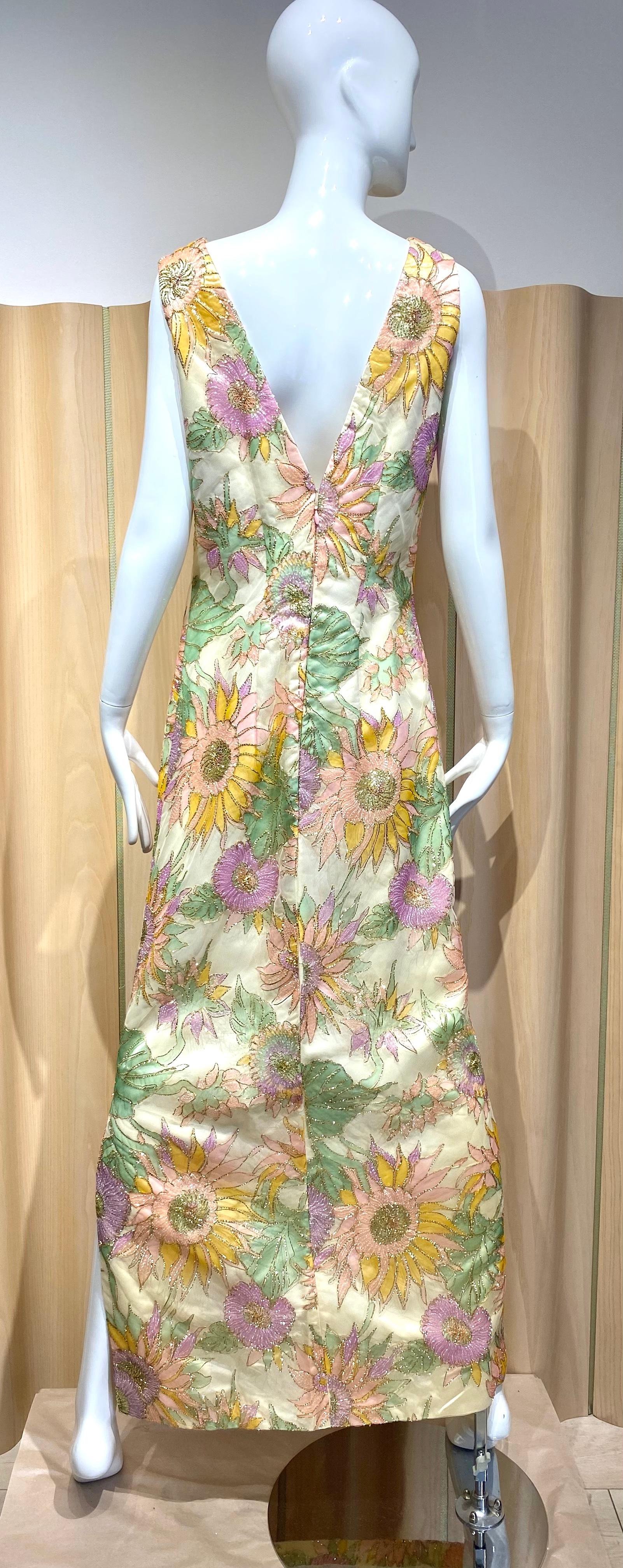 1960s Sunflowers Print Embroidered  Sleeveless Multi Color Dress For Sale 1