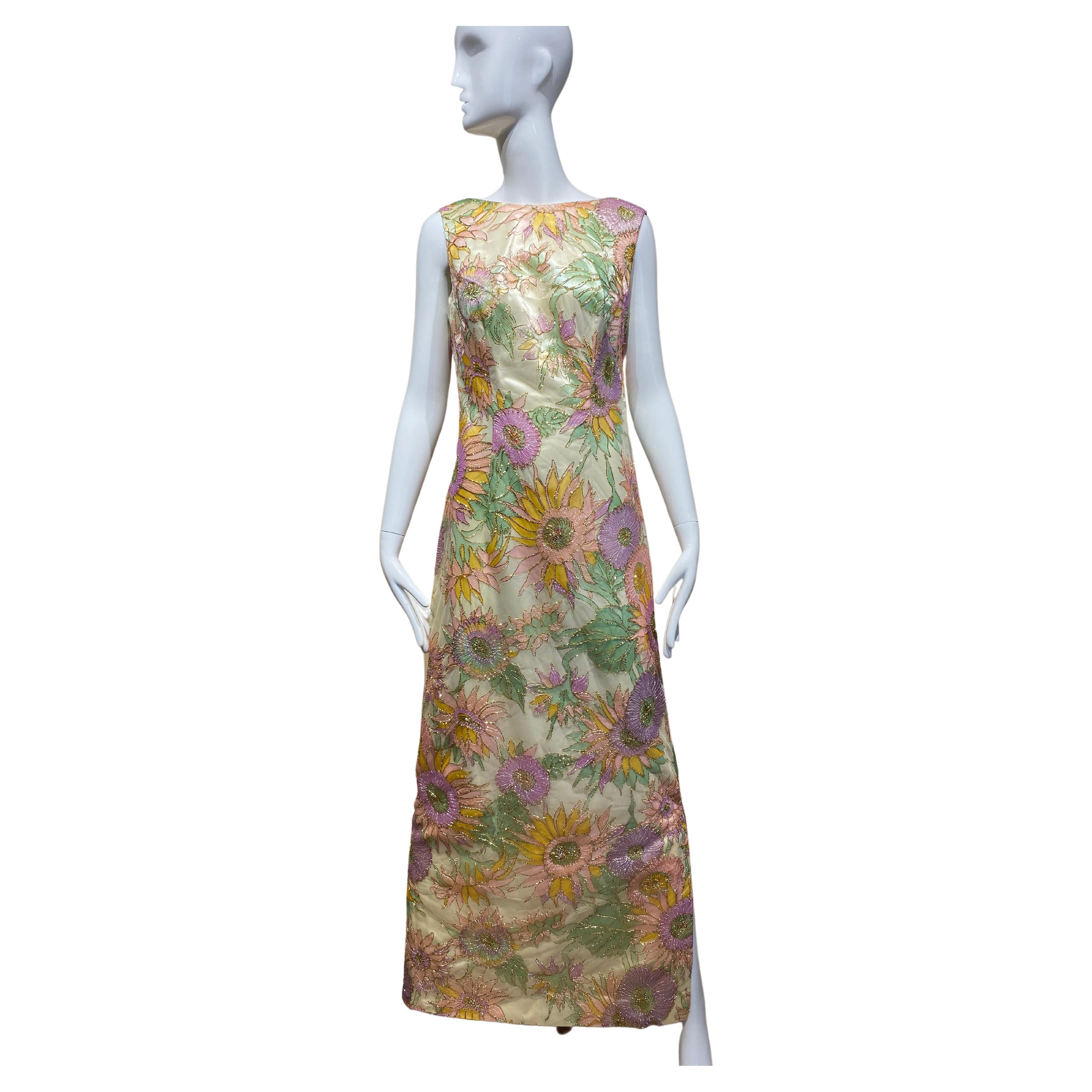 1960s Sunflowers Print Embroidered  Sleeveless Multi Color Dress For Sale