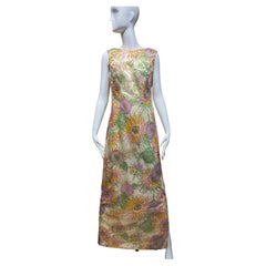 1960s Sunflowers Print Embroidered  Sleeveless Multi Color Dress