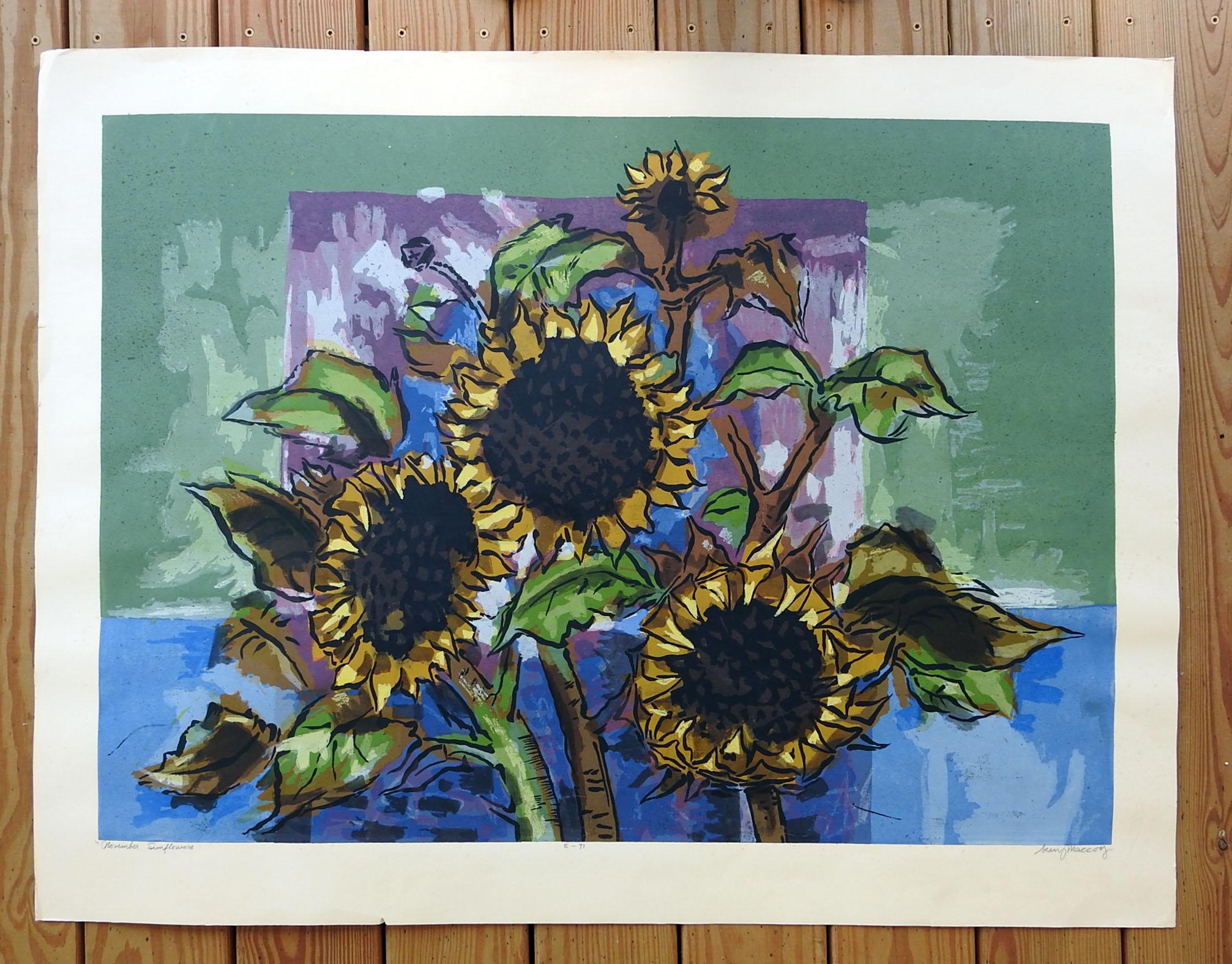 Large serigraph on paper circa 1960s by Guy Crittington Maccoy (b. 1904-1981) American. Signed, titled November Sunflowers in pencil along lower margin. Known as The Father of The Serigraph. his serigraphs were hand stenciled on screen using a