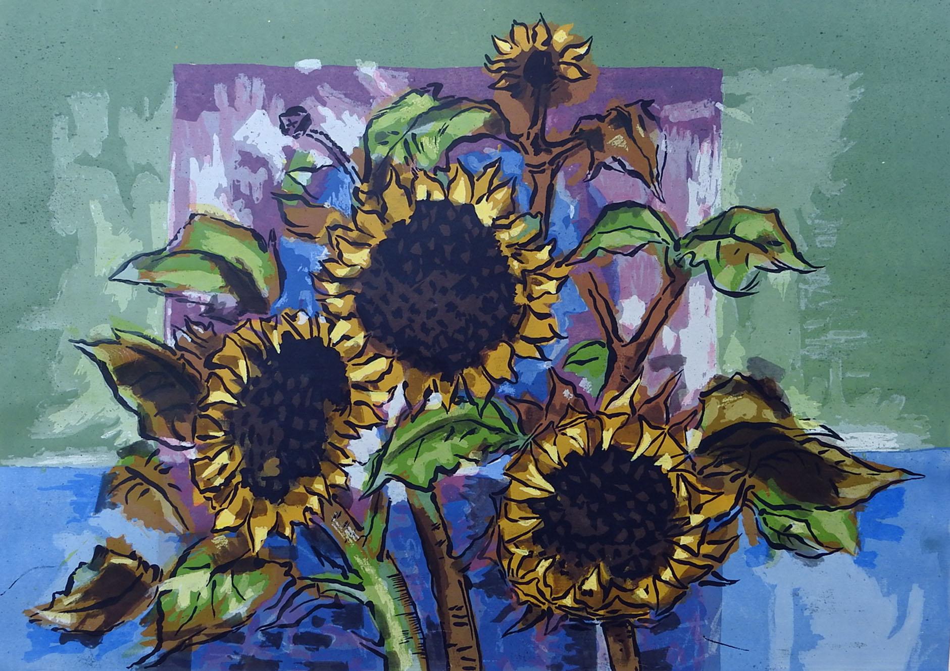 Sonnenblumen Serigraphie-Druck von Guy MacCoy aus den 1960er Jahren (Moderne der Mitte des Jahrhunderts) im Angebot