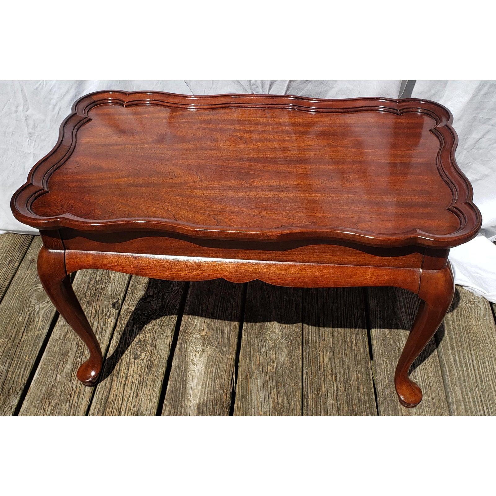 North American 1960s Superior Furniture Solid Walnut Scallop Edge Tea Table with Pull Out Tray For Sale