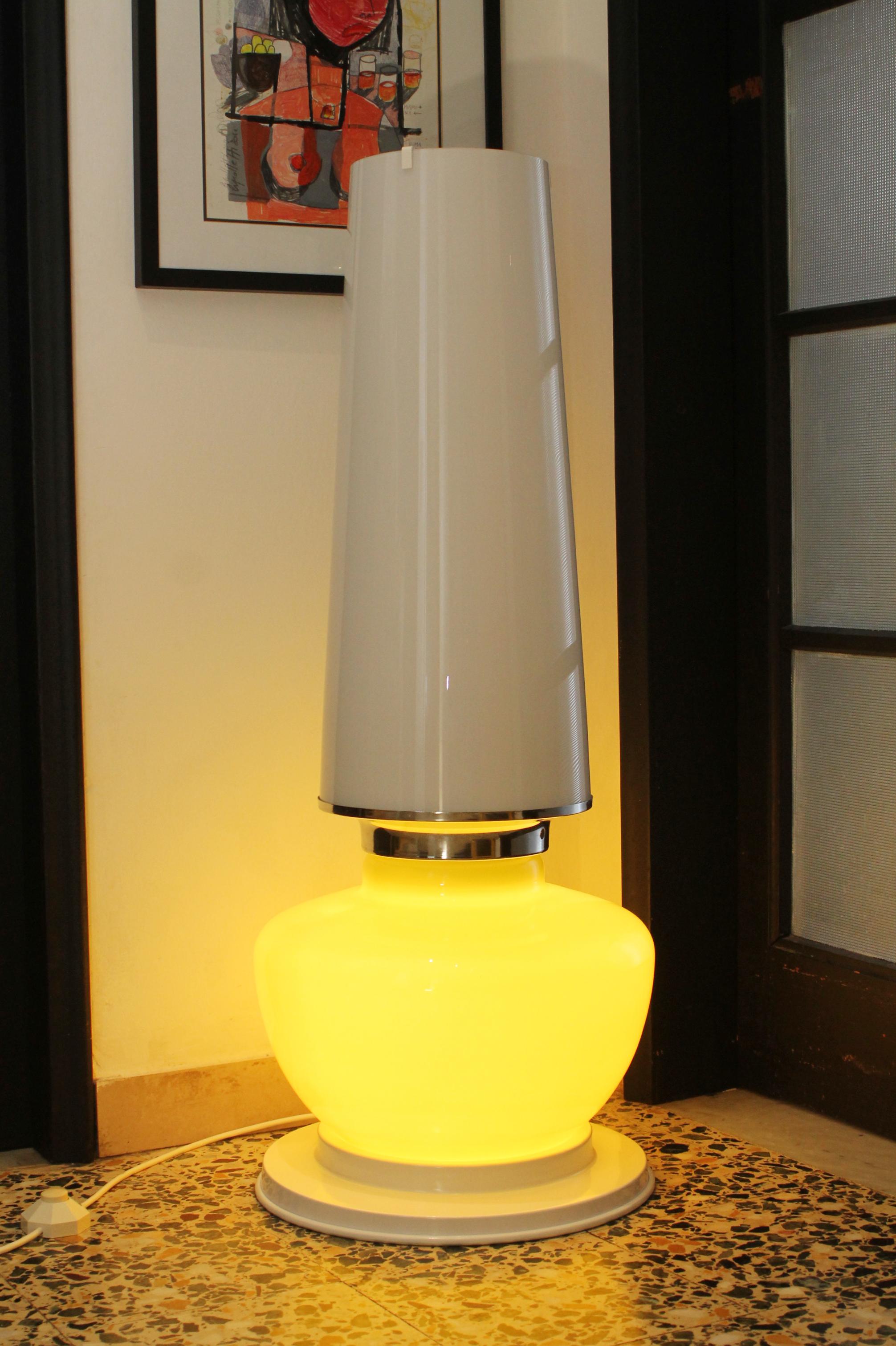The 1960s supersized (100height x Ø 40cm) retro décor original  mid-century floor/table glass lamp
(*could easily be displayed in an important console or great side table as well for sure)

Original octagonal power switch (3-way by Vimar) which