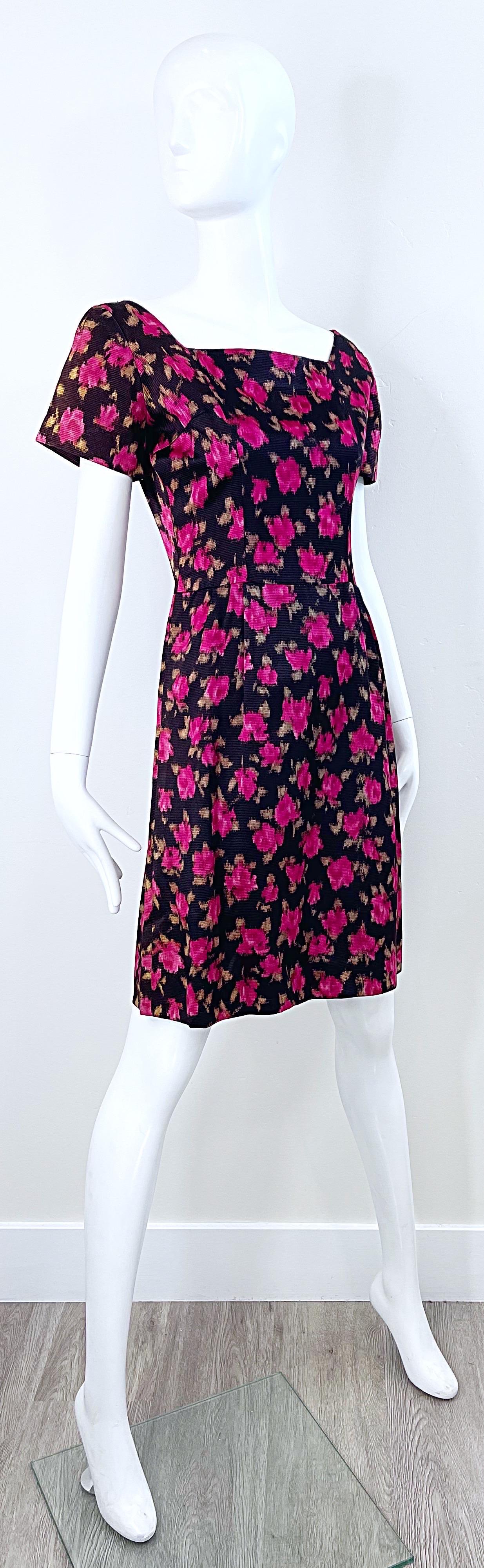 1960s Susan Small of London Black Pink Watercolor Rose Print 60s Silk Dress For Sale 5