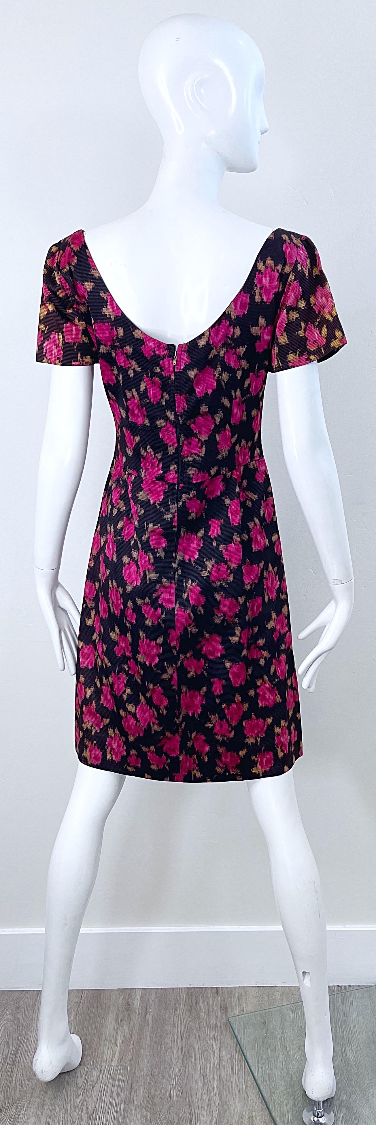 1960s Susan Small of London Black Pink Watercolor Rose Print 60s Silk Dress For Sale 6