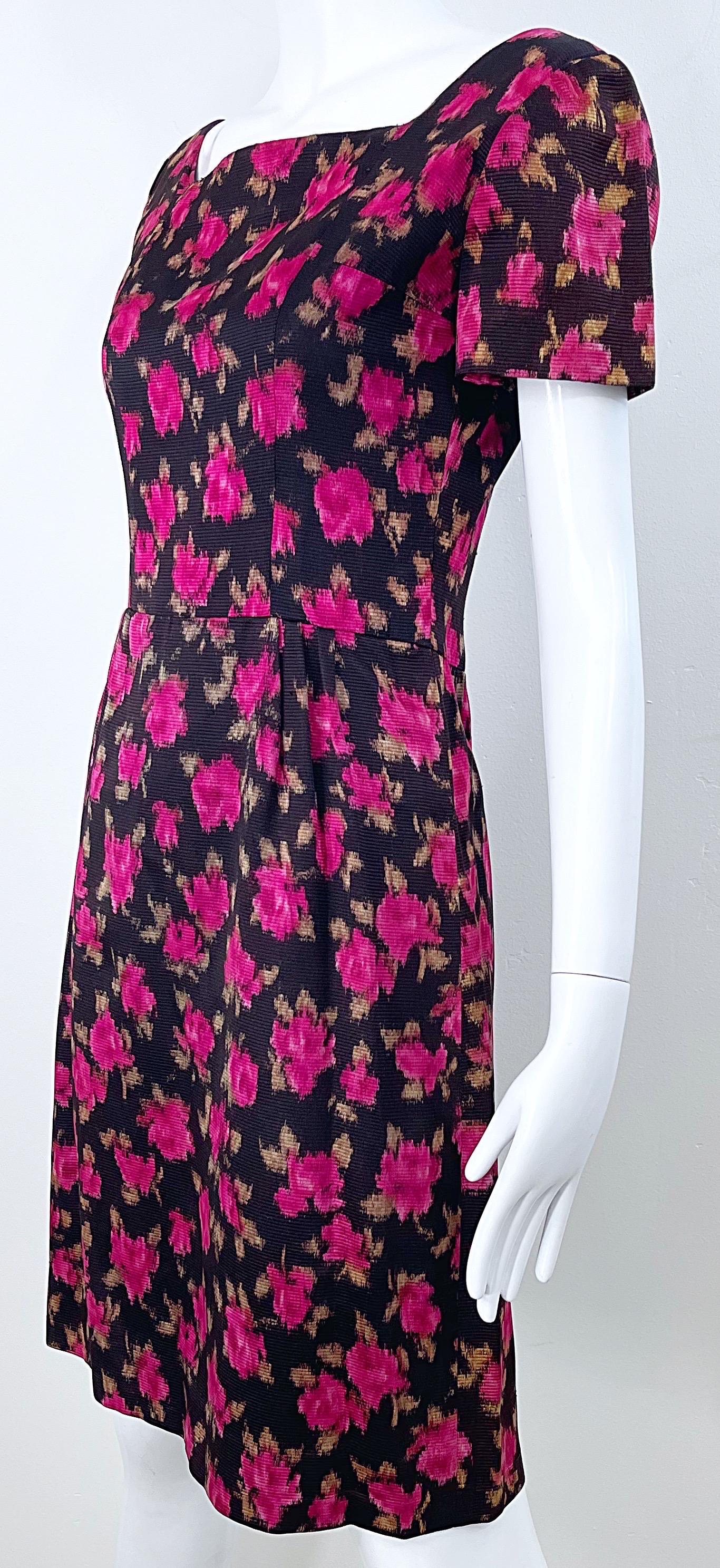 1960s Susan Small of London Black Pink Watercolor Rose Print 60s Silk Dress For Sale 7