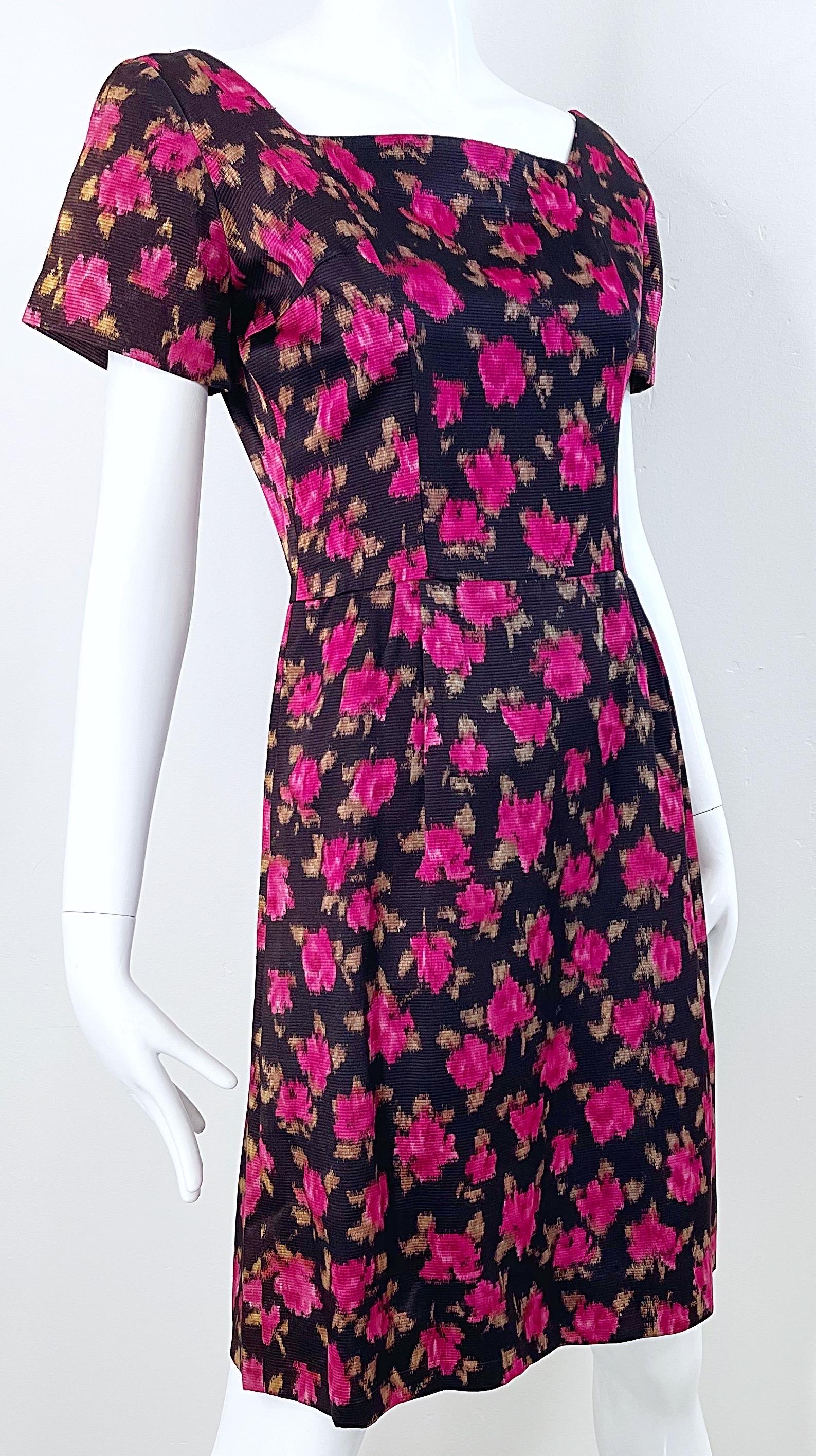 1960s Susan Small of London Black Pink Watercolor Rose Print 60s Silk Dress For Sale 8