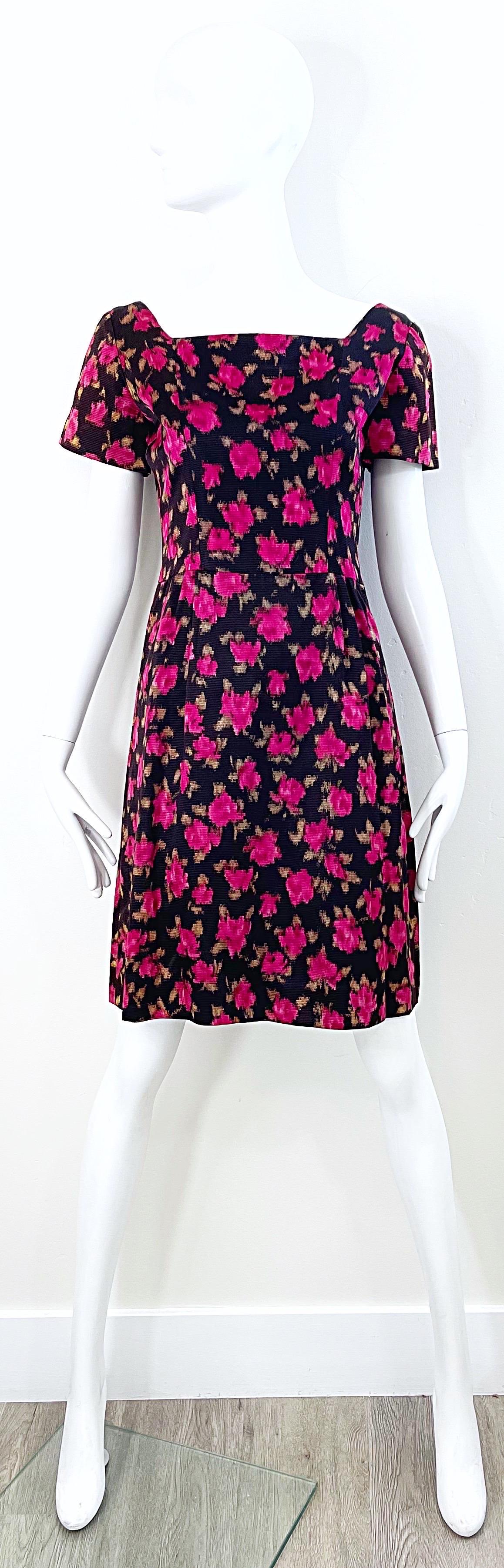 1960s Susan Small of London Black Pink Watercolor Rose Print 60s Silk Dress For Sale 9