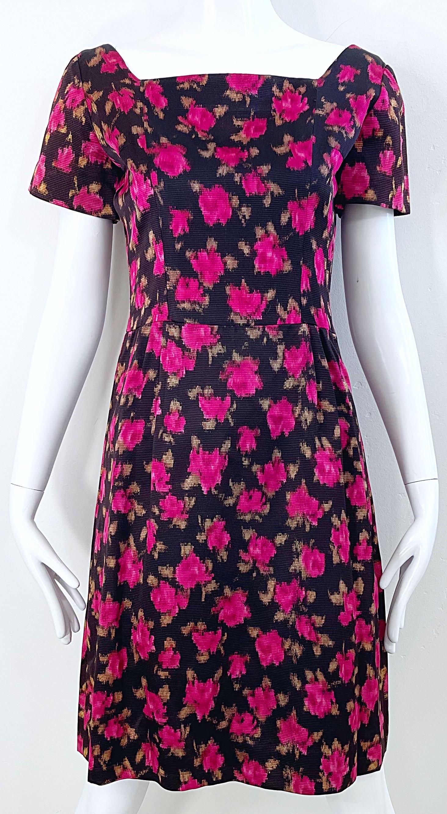 1960s Susan Small of London Black Pink Watercolor Rose Print 60s Silk Dress In Excellent Condition For Sale In San Diego, CA