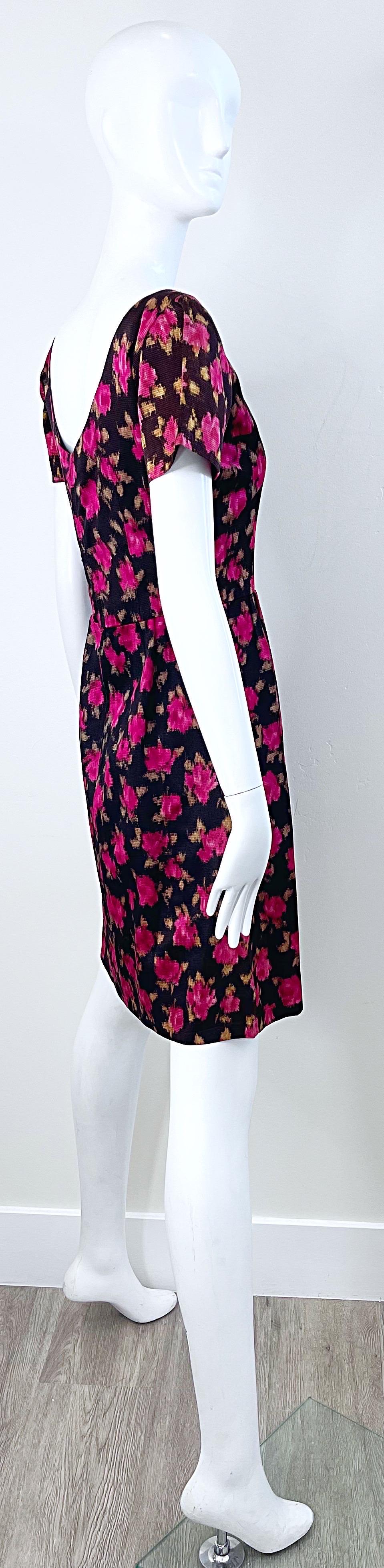 Women's 1960s Susan Small of London Black Pink Watercolor Rose Print 60s Silk Dress For Sale