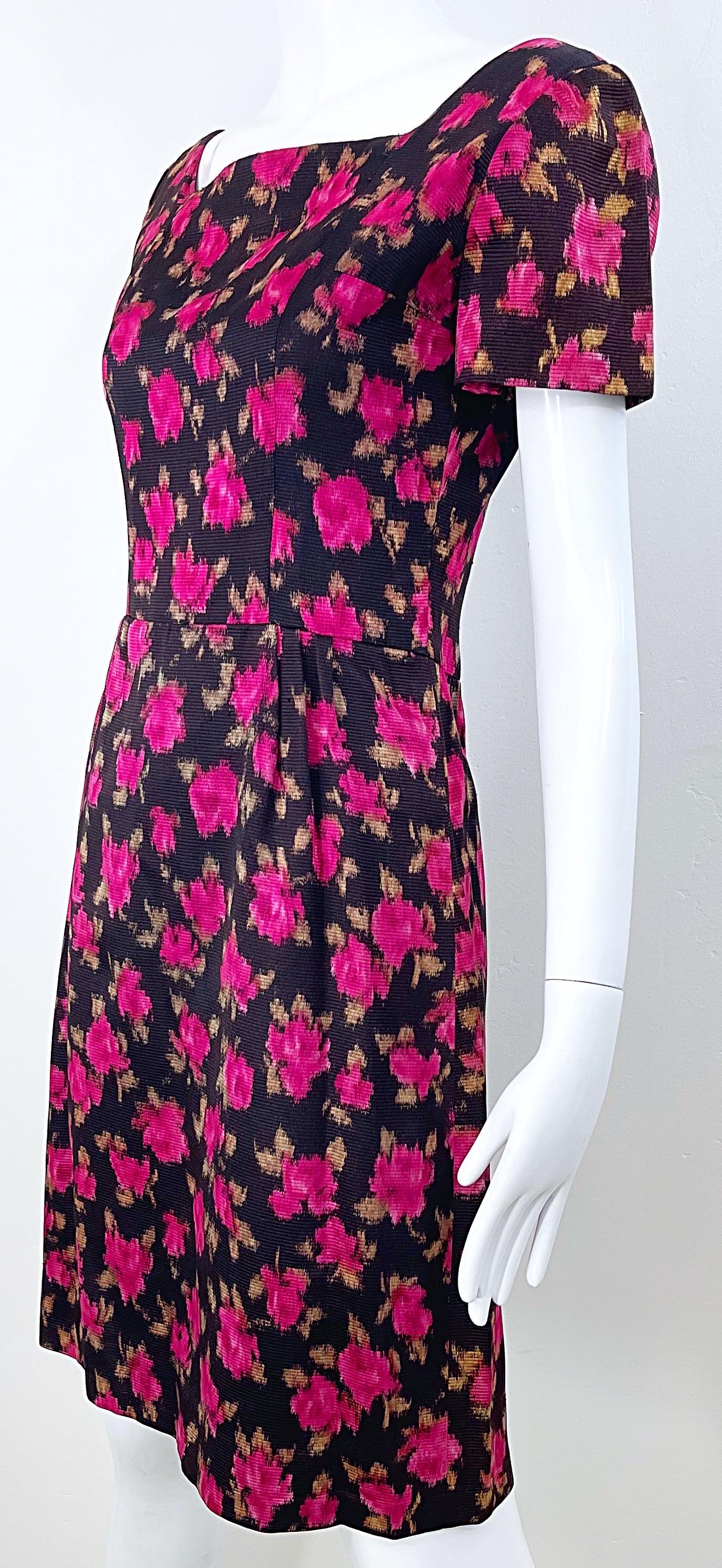 1960s Susan Small of London Black Pink Watercolor Rose Print 60s Silk Dress For Sale 1