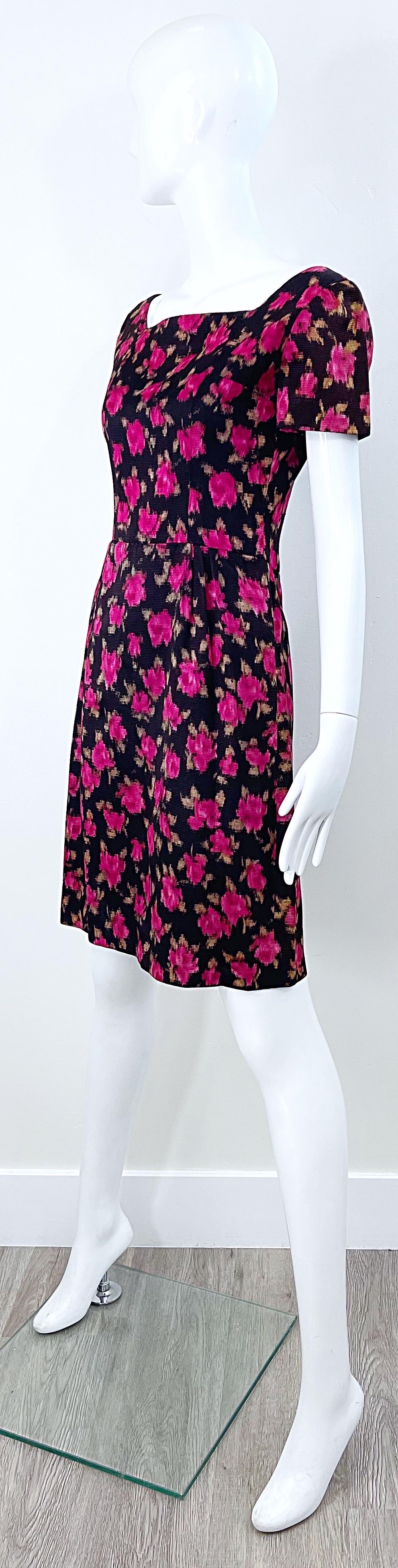 1960s Susan Small of London Black Pink Watercolor Rose Print 60s Silk Dress For Sale 2