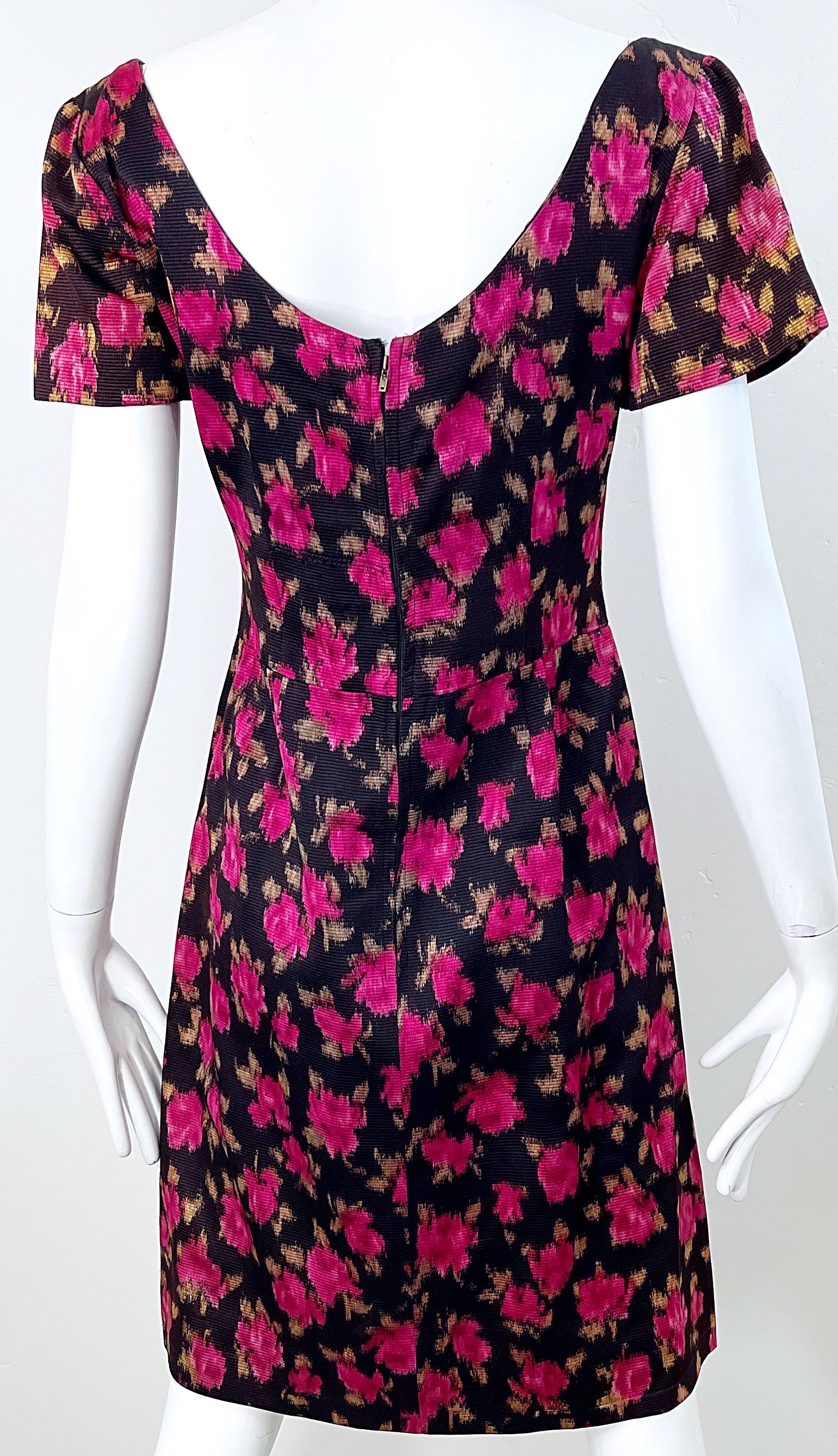 1960s Susan Small of London Black Pink Watercolor Rose Print 60s Silk Dress For Sale 3