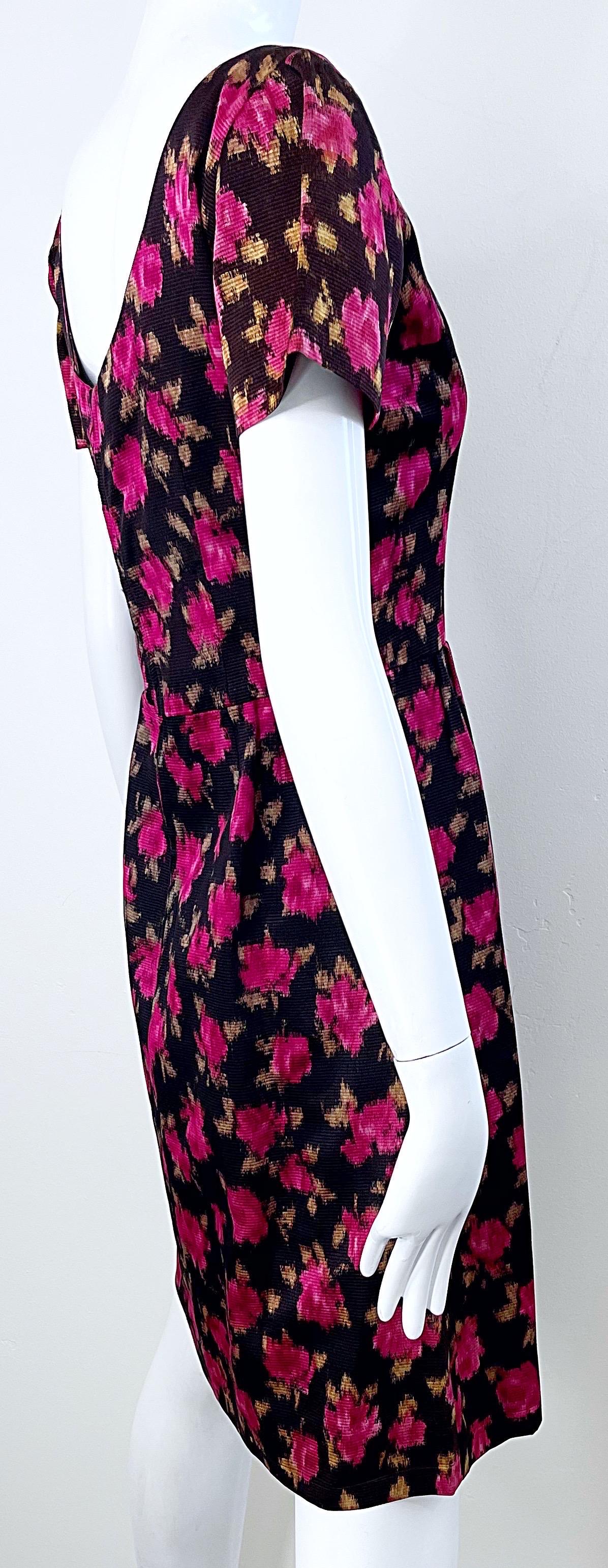 1960s Susan Small of London Black Pink Watercolor Rose Print 60s Silk Dress For Sale 4