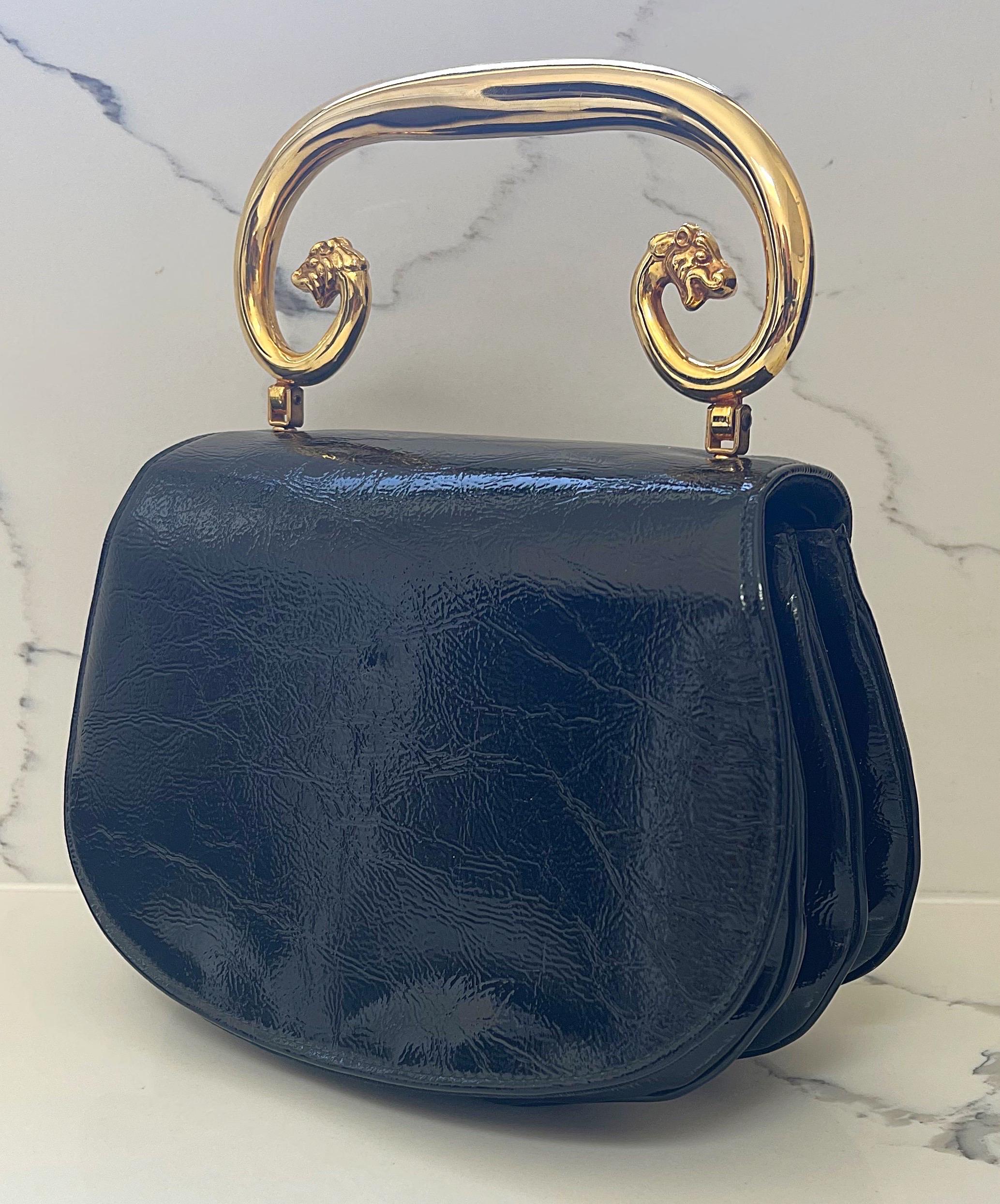 1960er Susan Tyler Schwarzes Lackleder Löwe Handle Großer Vintage 60s Handtasche im Angebot 5