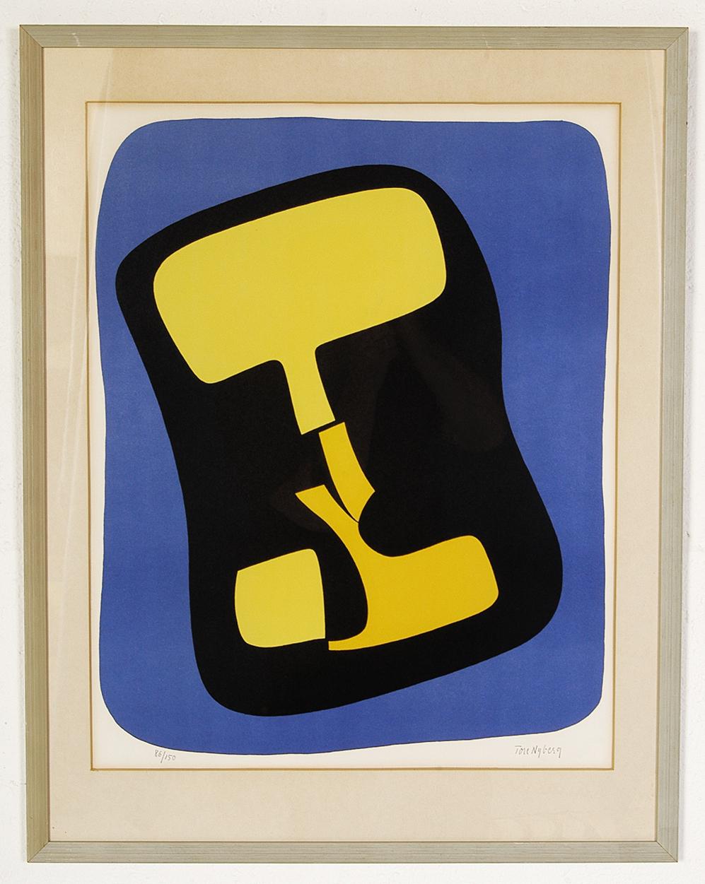Terrific framed limited edition ‘Composition in Blue & Yellow’ Printed in 1968 by Swedish abstract artist Tore Nyberg (1911 – 1993). Signed and numbered in pencil in the margin ‘Tore Nyberg 86/150’ original gallery stamp verso. An earlier numbered