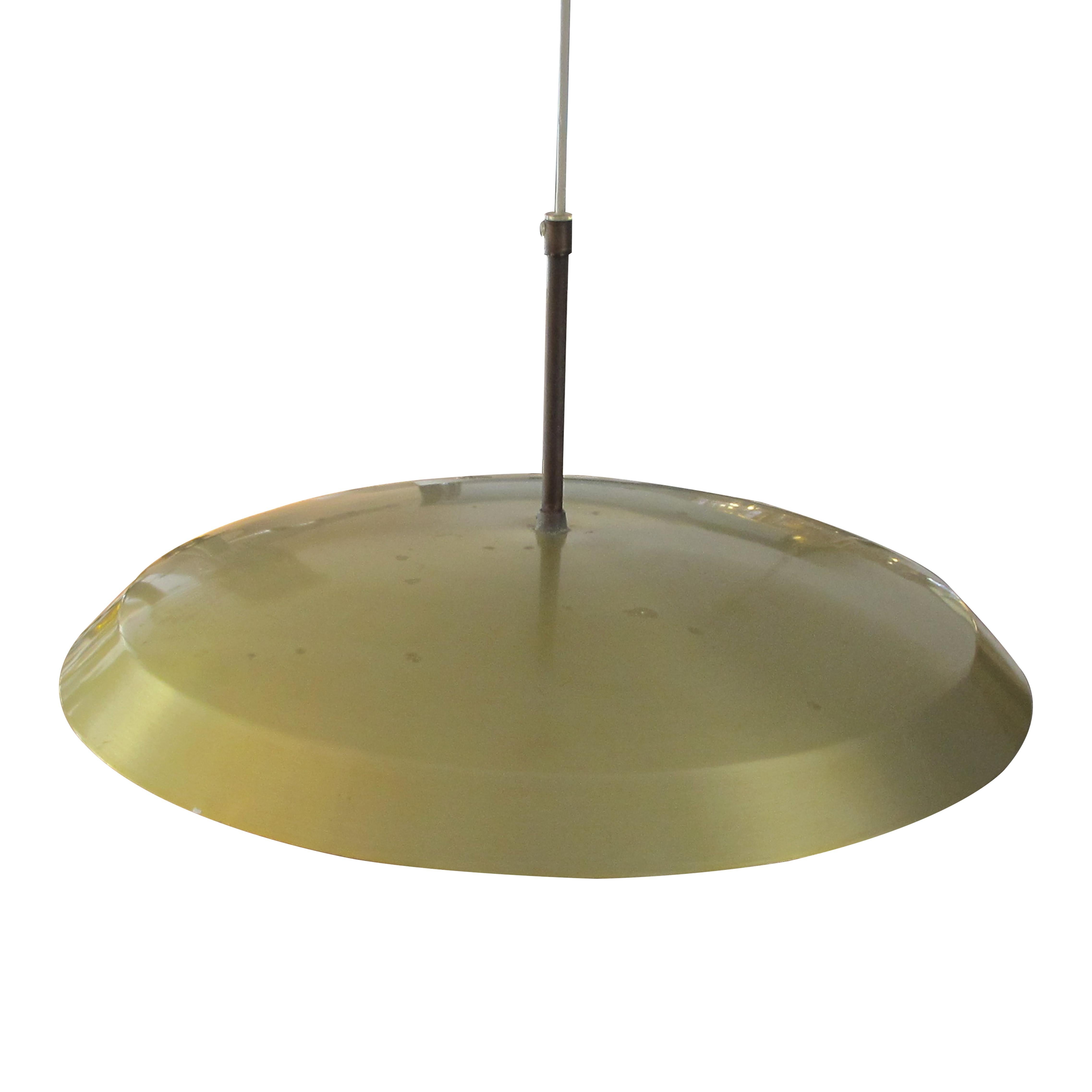 1960s brass circular ceiling light with beautifully detailed moulded glass shade which sits underneath. This is a simple yet elegant timeless design, very well made and in great condition. The ceiling lamp is wired to the European standard. 

6