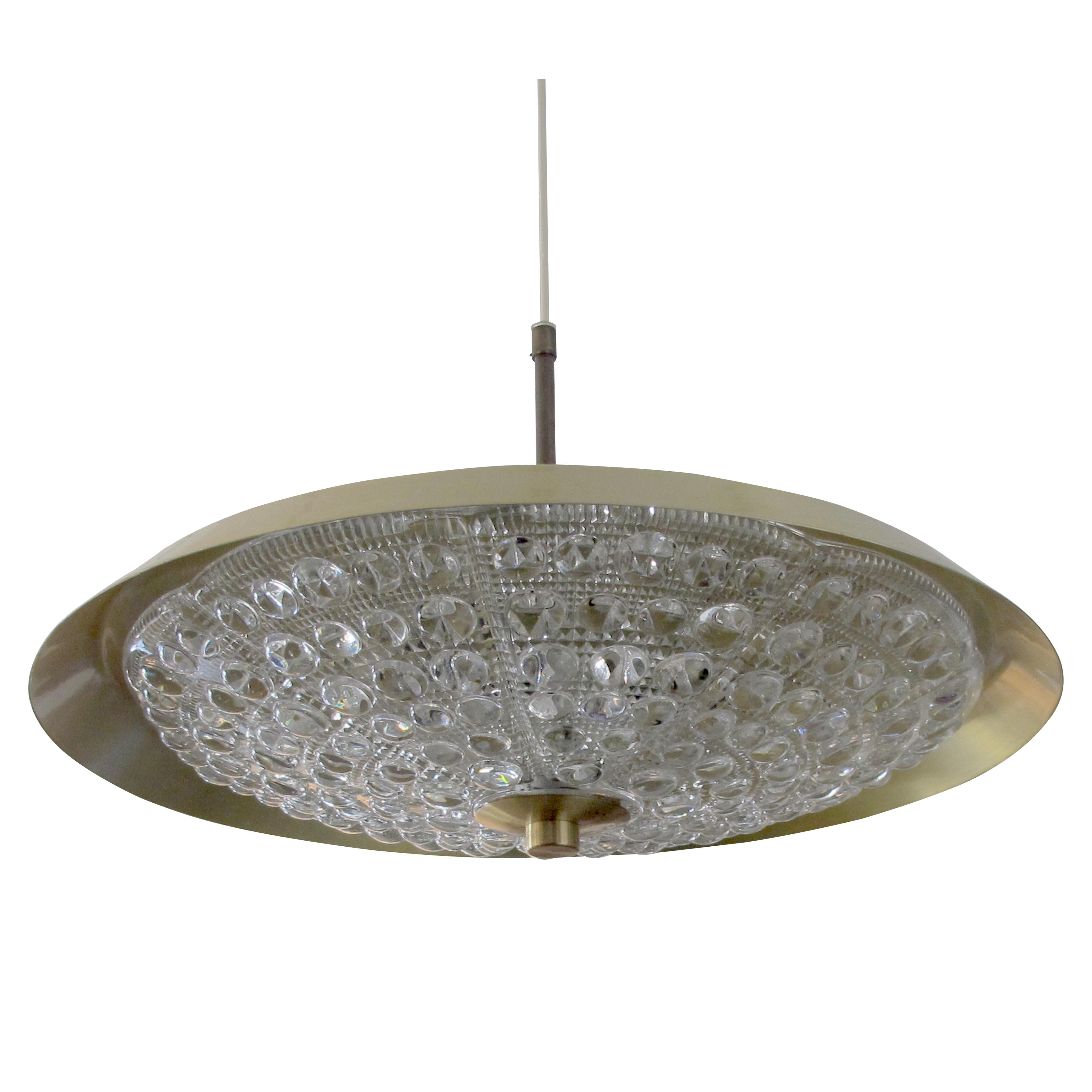 Mid-Century Modern 1960s Swedish Brass and Glass Ceiling Pendant Light with Moulded Glass