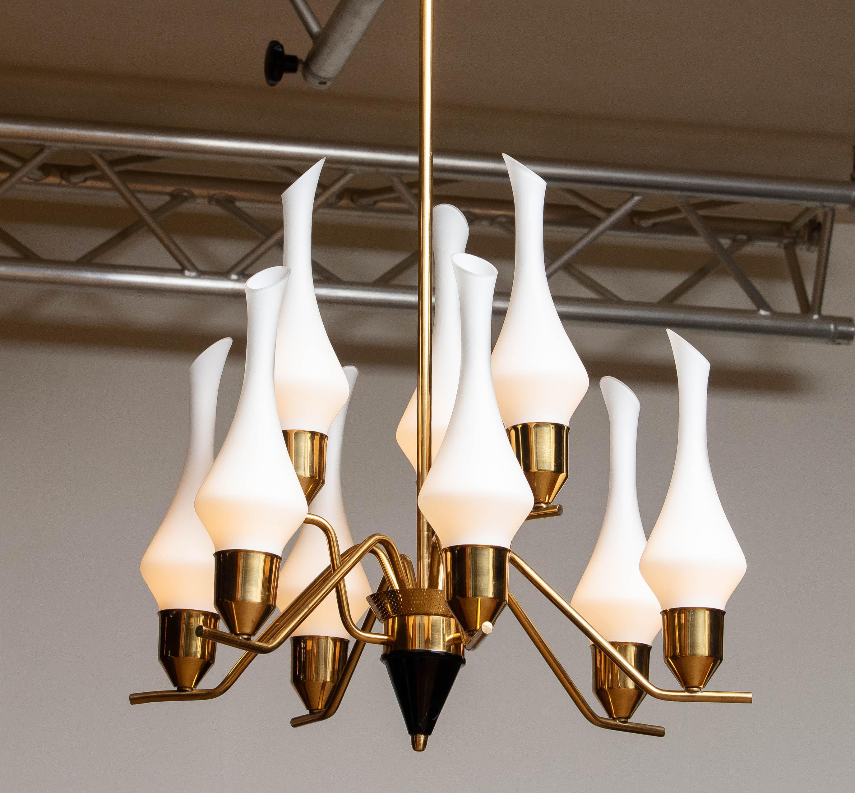 Scandinavian Modern 1960's Swedish Brass Chandelier with White Frosted Organic Glass Vases, ASEA