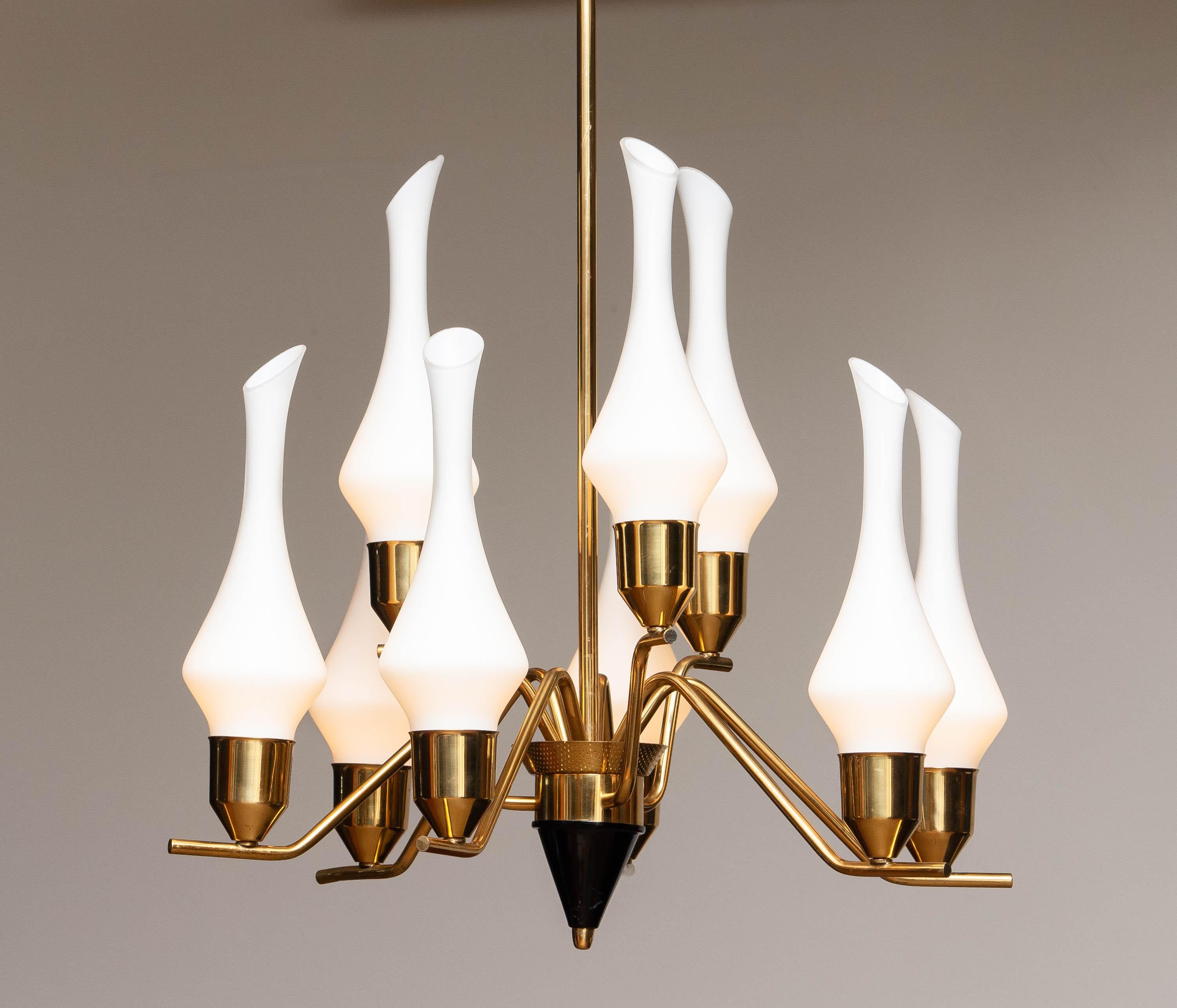 1960's Swedish Brass Chandelier with White Frosted Organic Glass Vases, ASEA In Good Condition In Silvolde, Gelderland