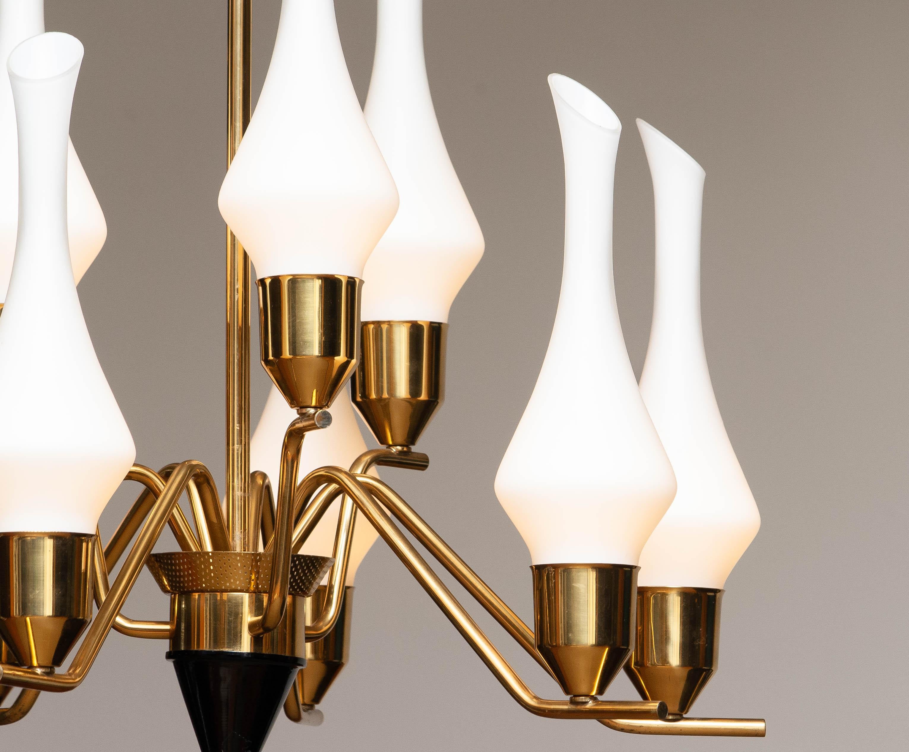 Mid-20th Century 1960's Swedish Brass Chandelier with White Frosted Organic Glass Vases, ASEA