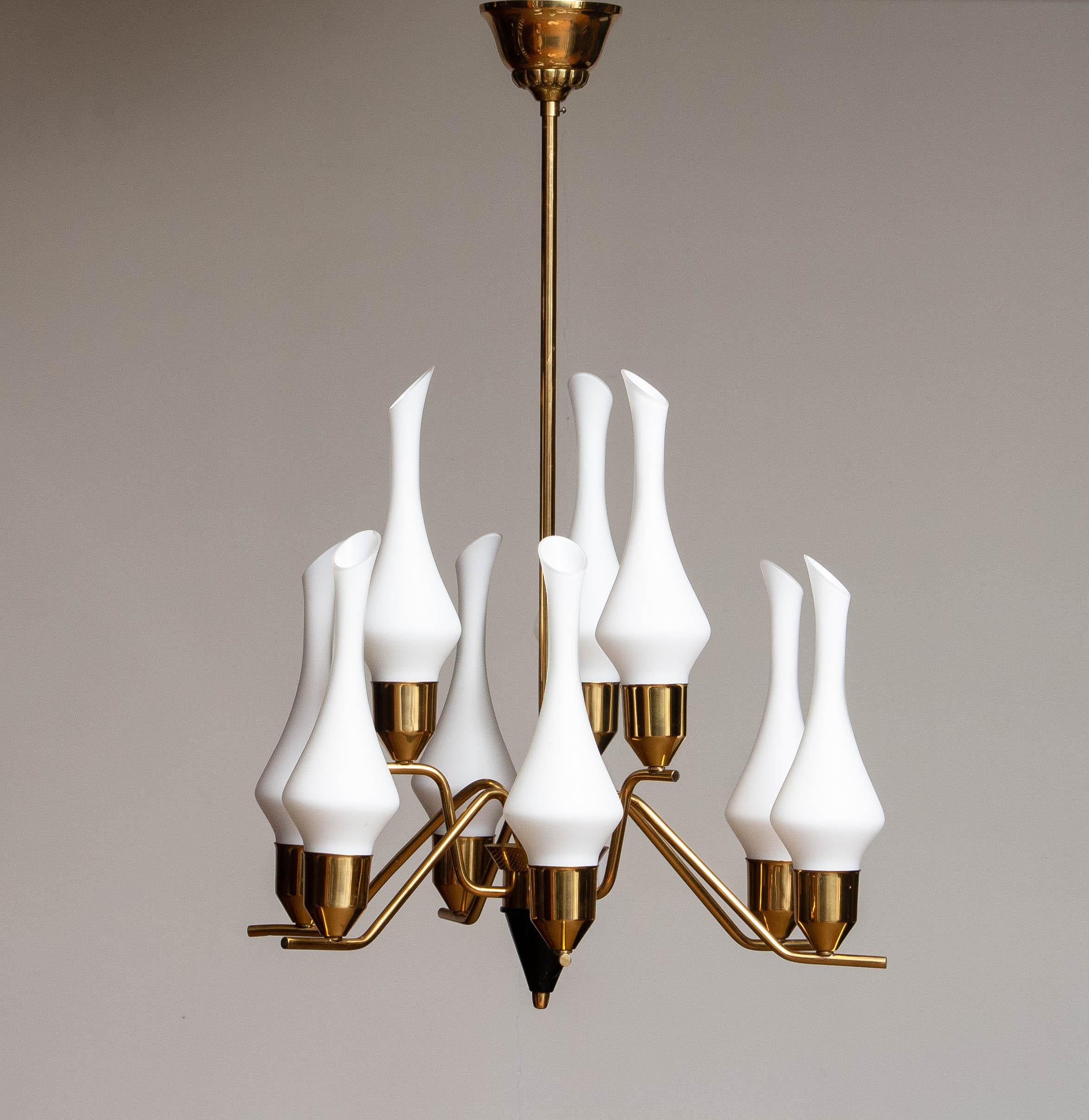 1960's Swedish Brass Chandelier with White Frosted Organic Glass Vases, ASEA 2